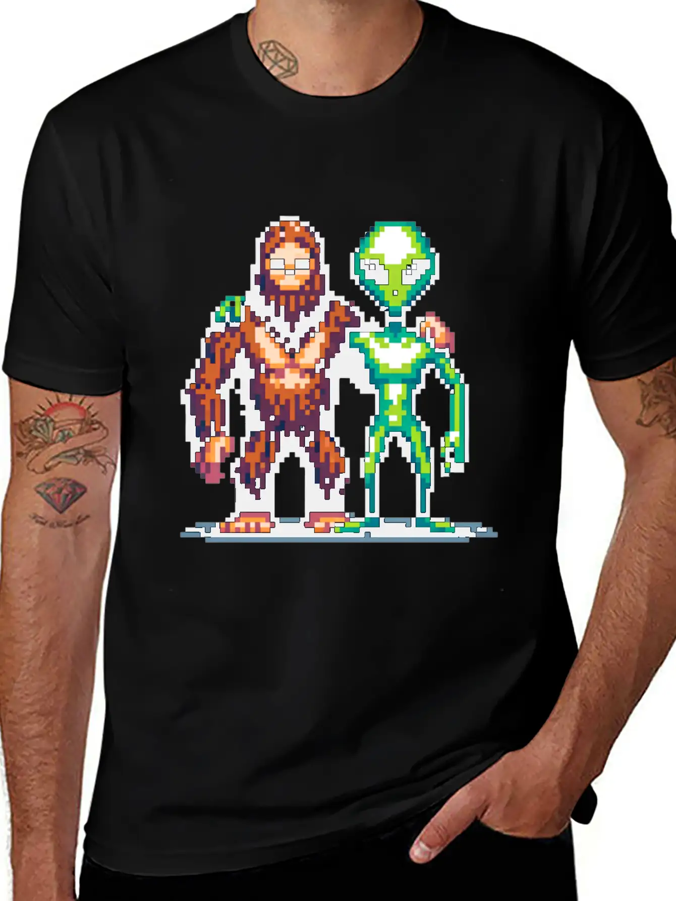 Bigfoot And Alien Friends Pixel Art Unisex Casual T-Shirt – Clean Design For Daily Comfort
