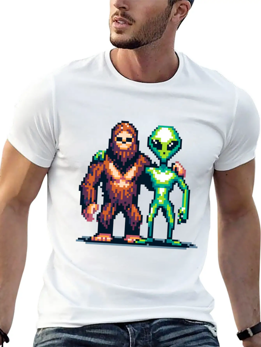 Bigfoot And Alien Friends Pixel Art Unisex Casual T-Shirt – Clean Design For Daily Comfort