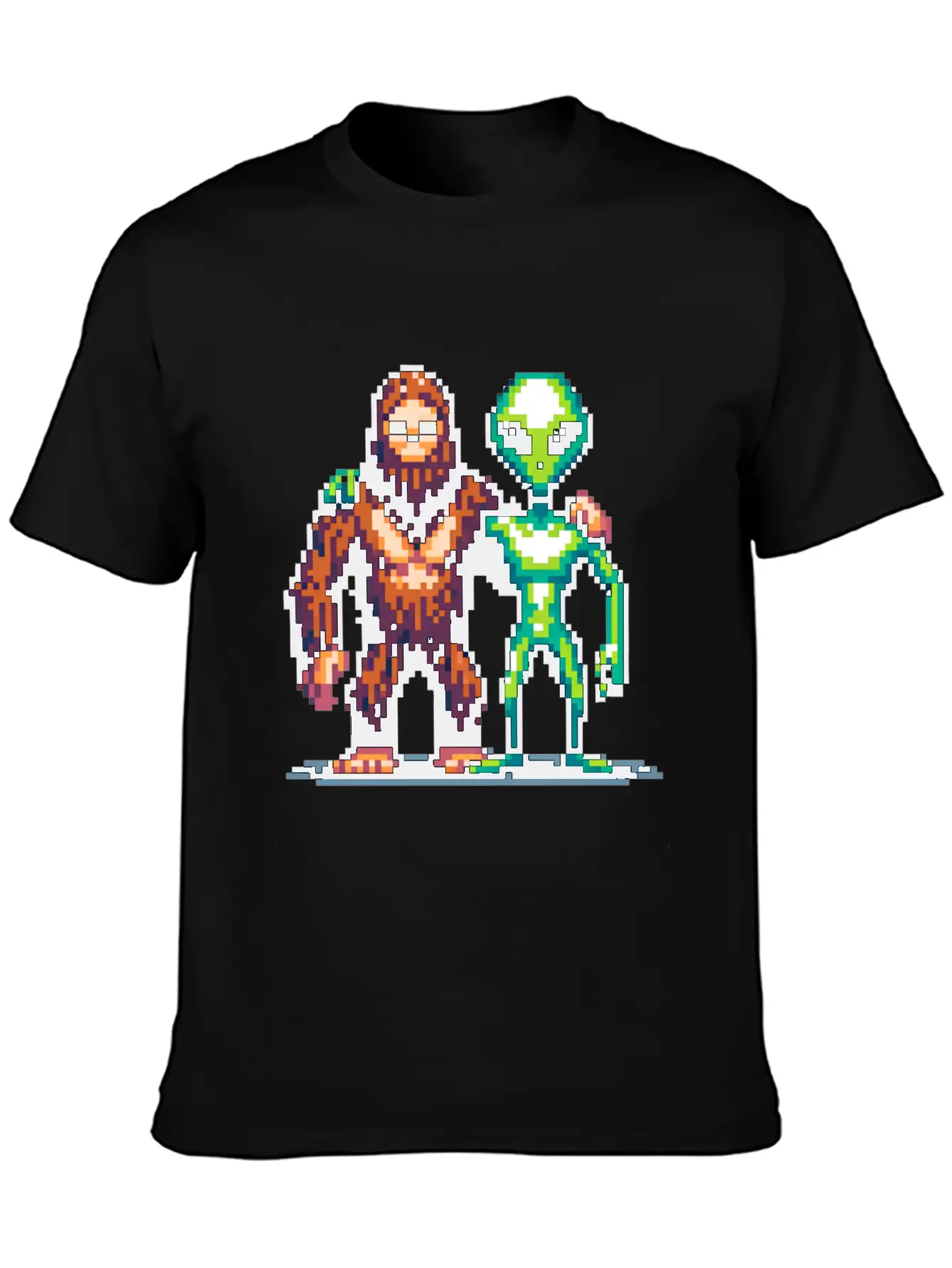 Bigfoot And Alien Friends Pixel Art Unisex Casual T-Shirt – Clean Design For Daily Comfort