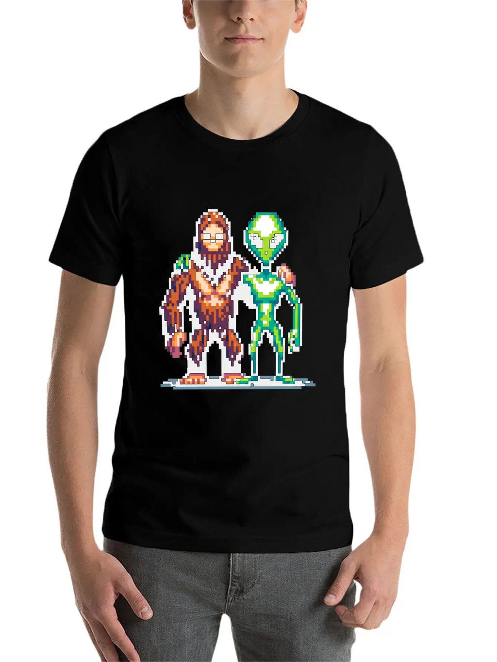 Bigfoot And Alien Friends Pixel Art Unisex Casual T-Shirt – Clean Design For Daily Comfort