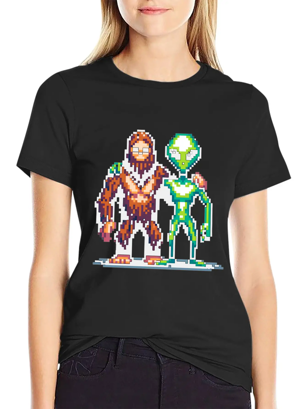 Bigfoot And Alien Friends Pixel Art Unisex Casual T-Shirt – Clean Design For Daily Comfort