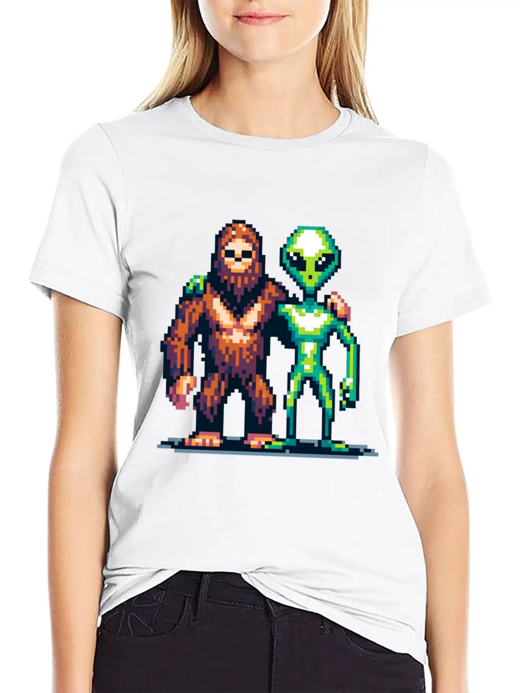 Bigfoot And Alien Friends Pixel Art Unisex Casual T-Shirt – Clean Design For Daily Comfort