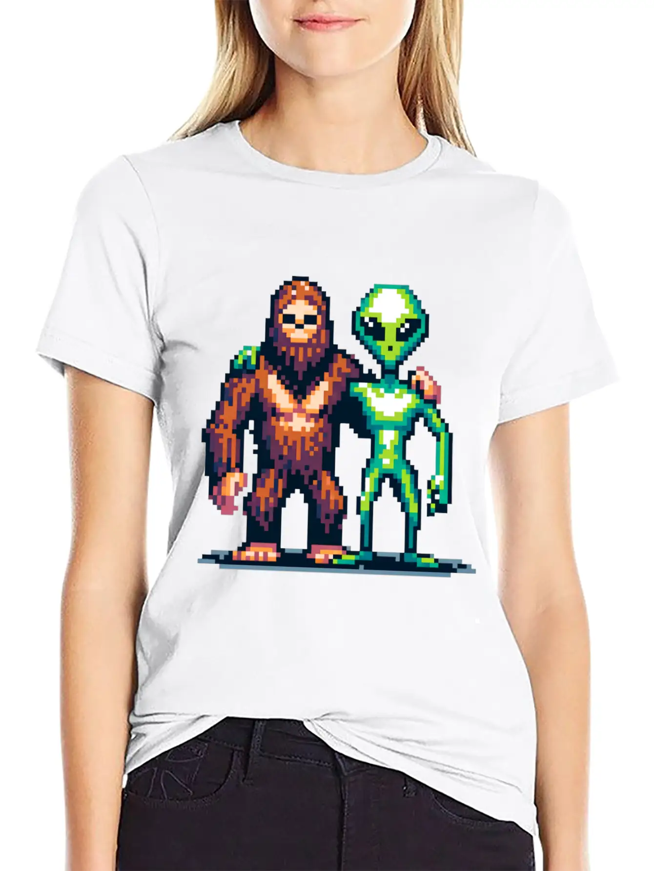 Bigfoot And Alien Friends Pixel Art Unisex Casual T-Shirt – Clean Design For Daily Comfort