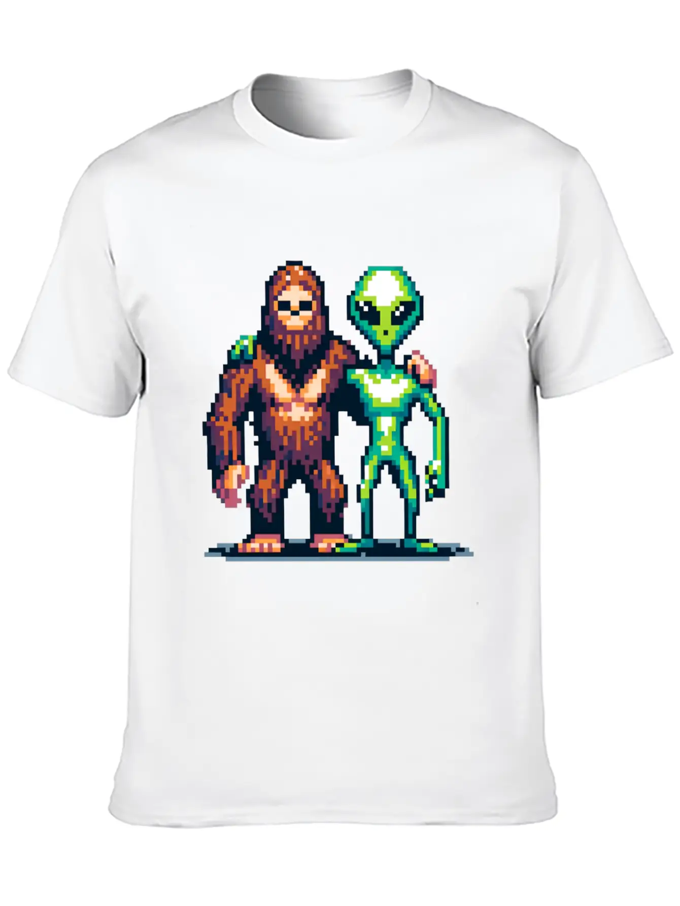 Bigfoot And Alien Friends Pixel Art Unisex Casual T-Shirt – Clean Design For Daily Comfort