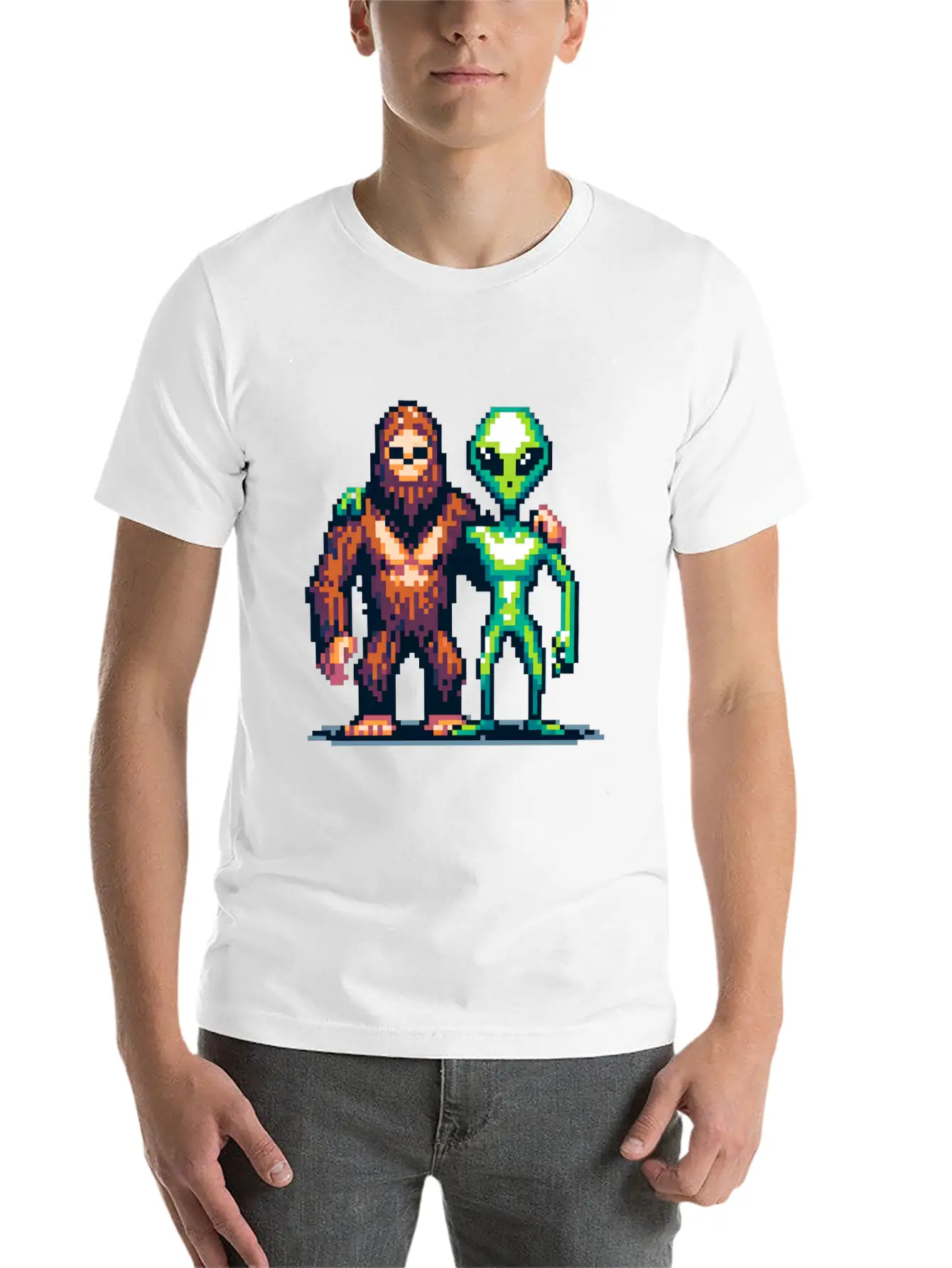 Bigfoot And Alien Friends Pixel Art Unisex Casual T-Shirt – Clean Design For Daily Comfort