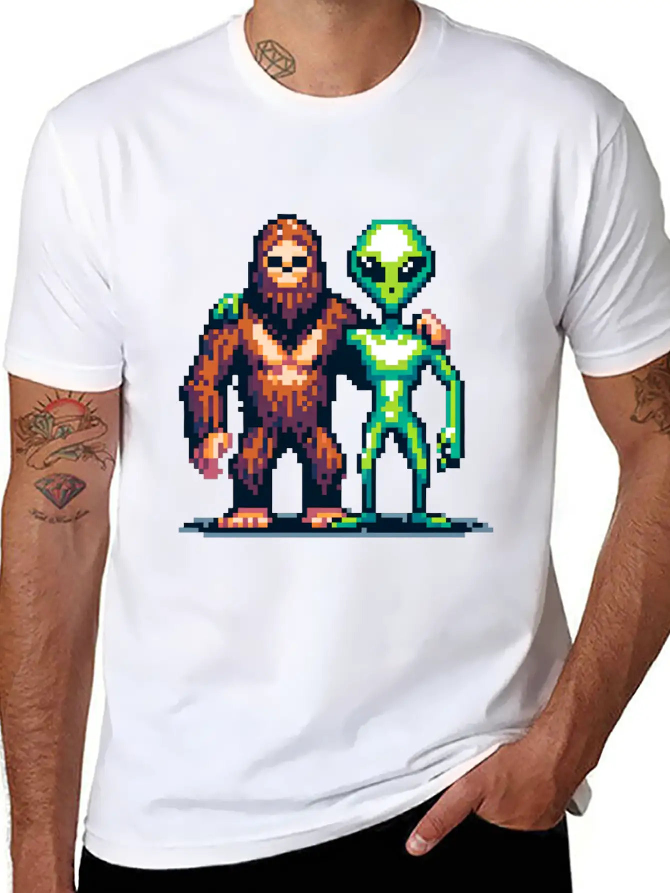 Bigfoot And Alien Friends Pixel Art Unisex Casual T-Shirt – Clean Design For Daily Comfort