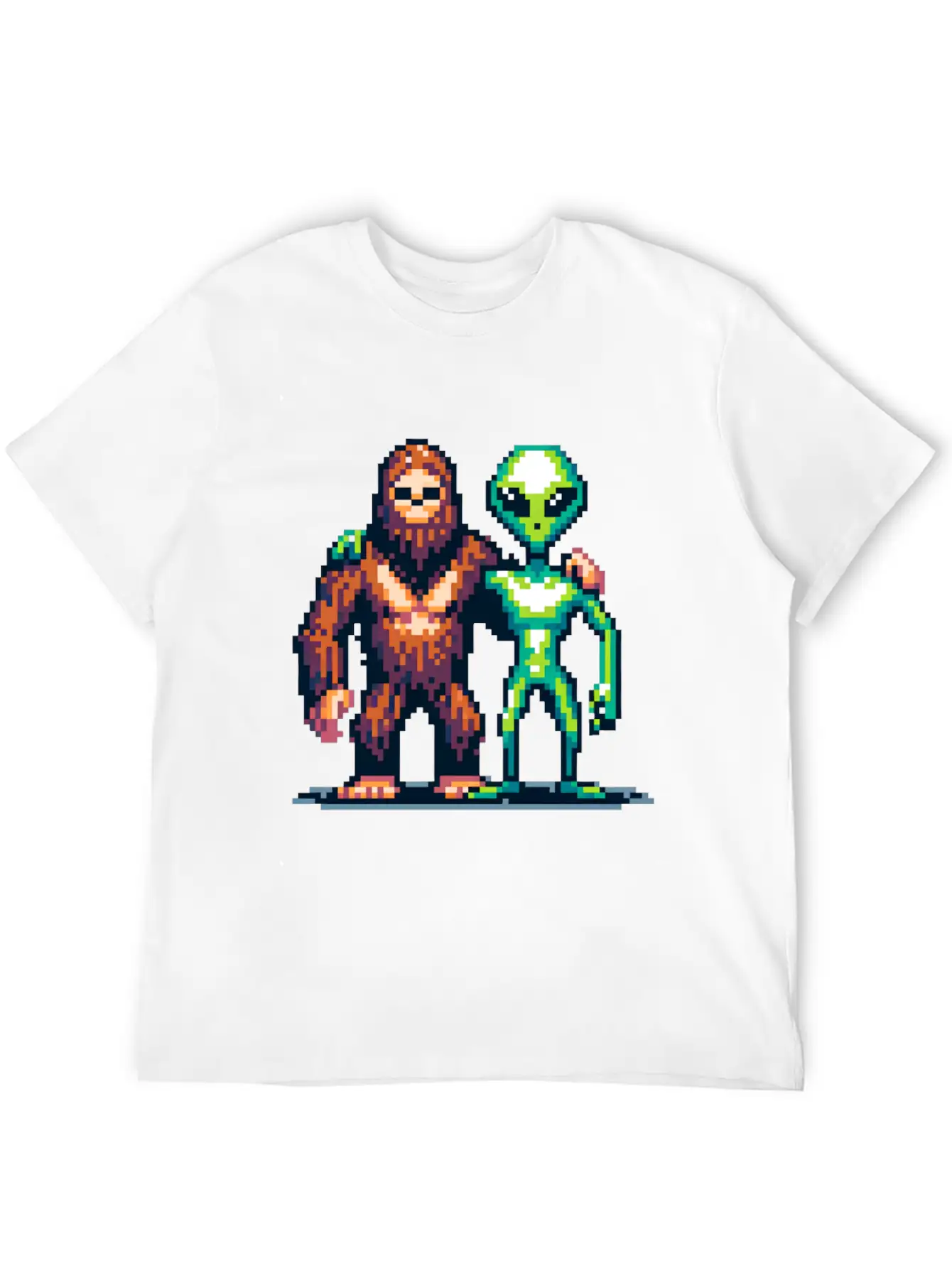 Bigfoot And Alien Friends Pixel Art Unisex Casual T-Shirt – Clean Design For Daily Comfort