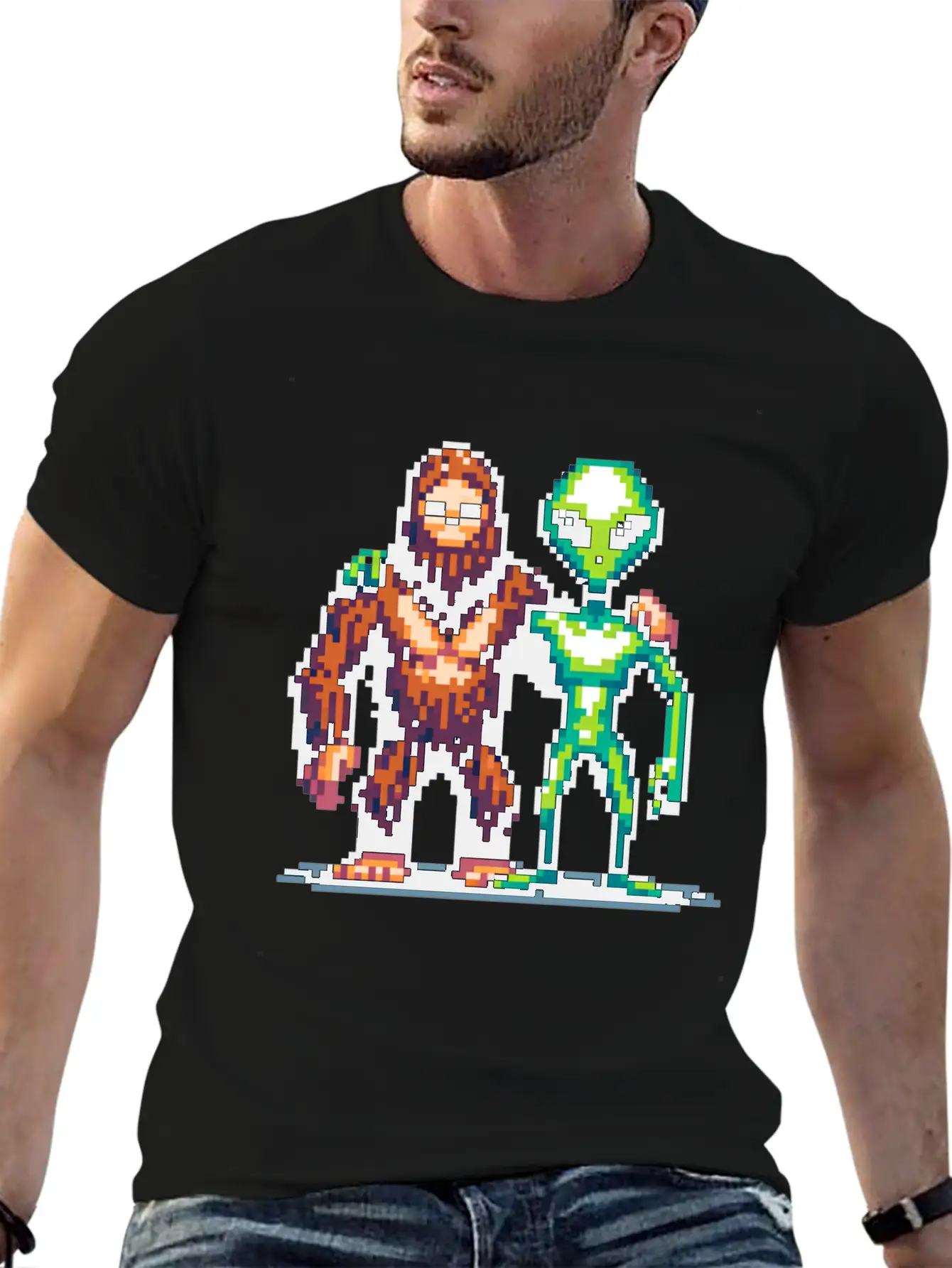 Bigfoot And Alien Friends Pixel Art Unisex Casual T-Shirt – Clean Design For Daily Comfort