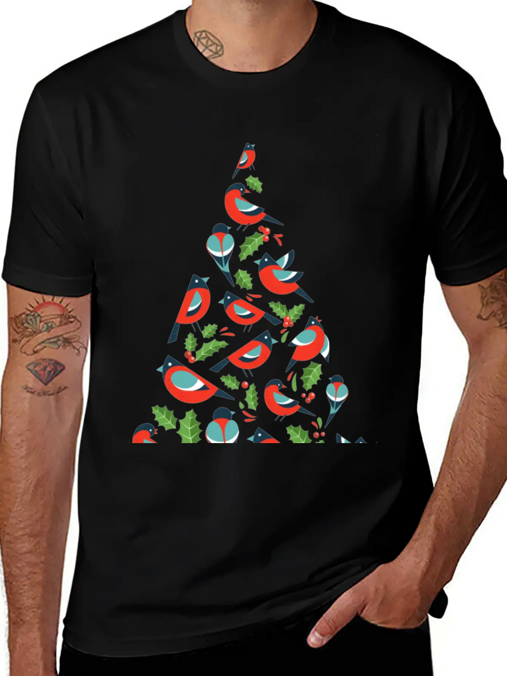 Birds Make Christmas Tree With Holy Leaf Casual Graphic T-Shirt – Simple And Comfortable Daily Wear