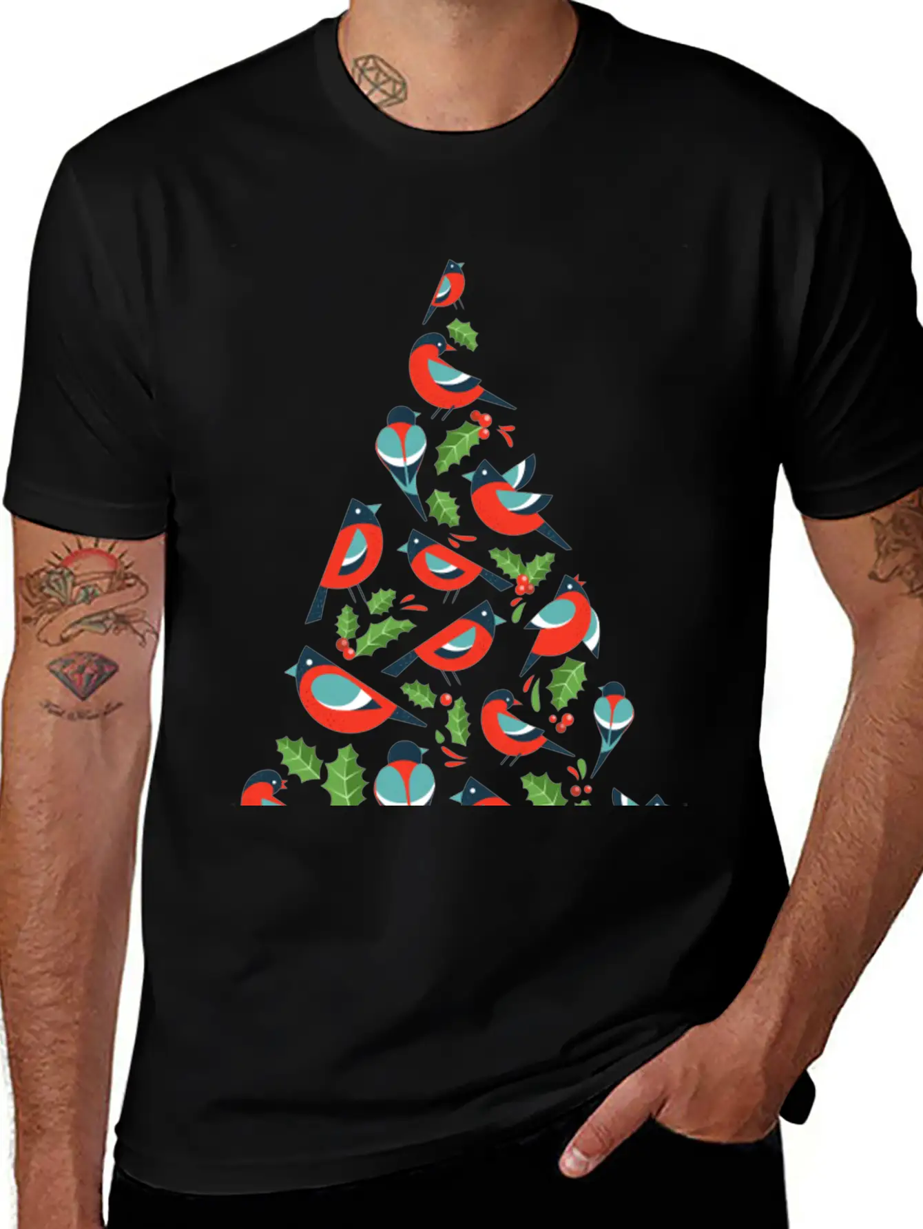 Birds Make Christmas Tree With Holy Leaf Casual Graphic T-Shirt – Simple And Comfortable Daily Wear