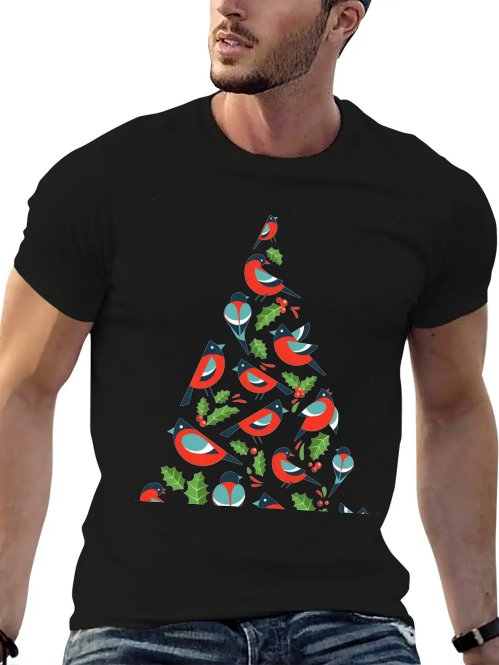 Birds Make Christmas Tree With Holy Leaf Casual Graphic T-Shirt – Simple And Comfortable Daily Wear