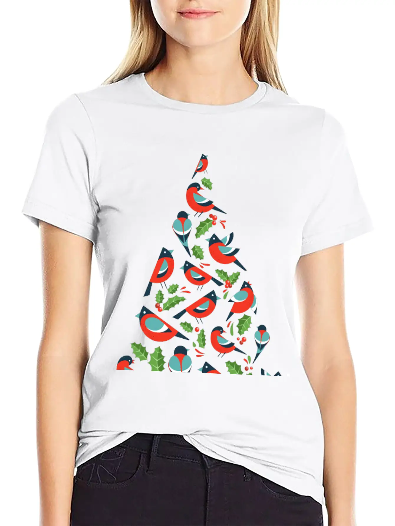Birds Make Christmas Tree With Holy Leaf Casual Graphic T-Shirt – Simple And Comfortable Daily Wear