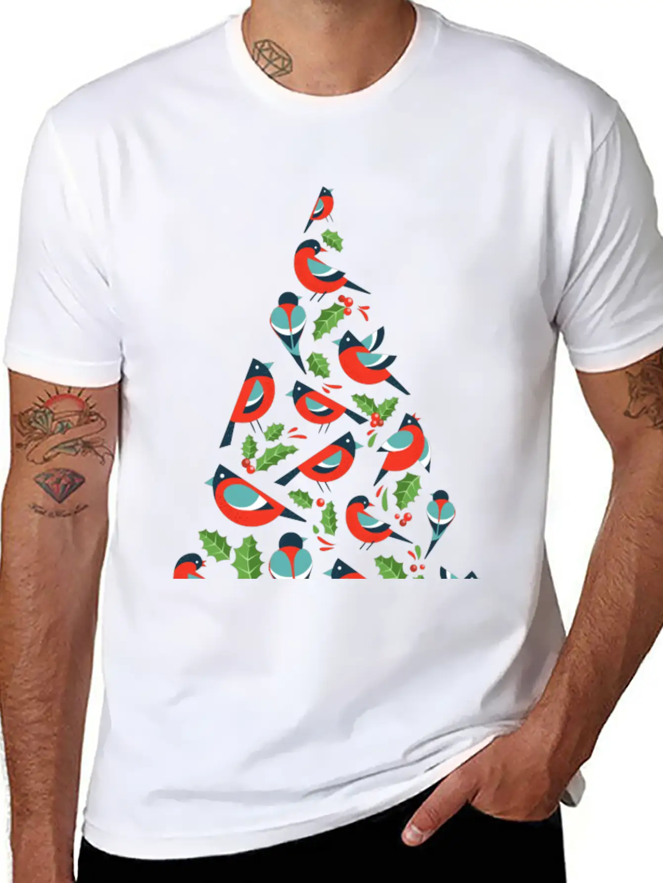 Birds Make Christmas Tree With Holy Leaf Casual Graphic T-Shirt – Simple And Comfortable Daily Wear
