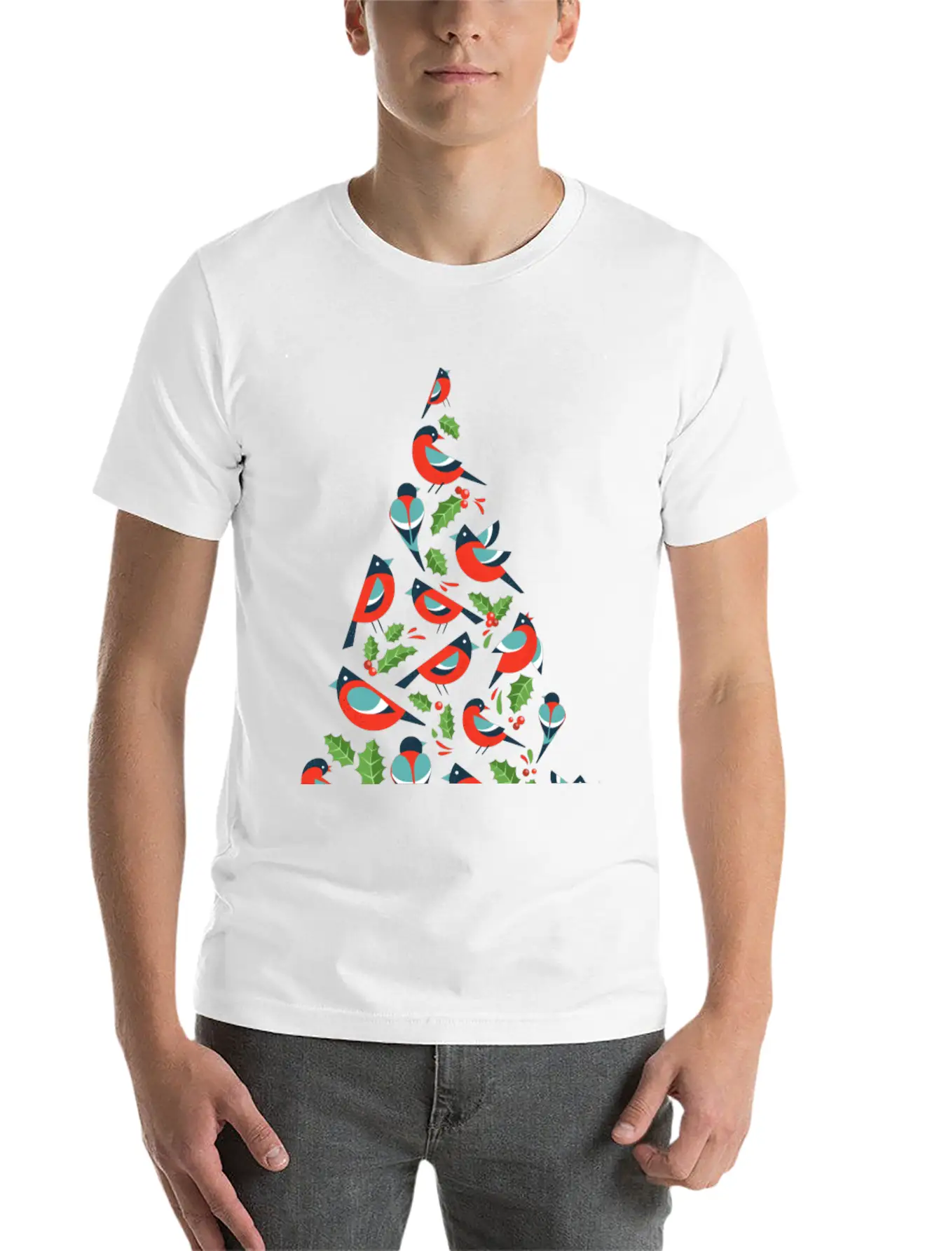 Birds Make Christmas Tree With Holy Leaf Casual Graphic T-Shirt – Simple And Comfortable Daily Wear