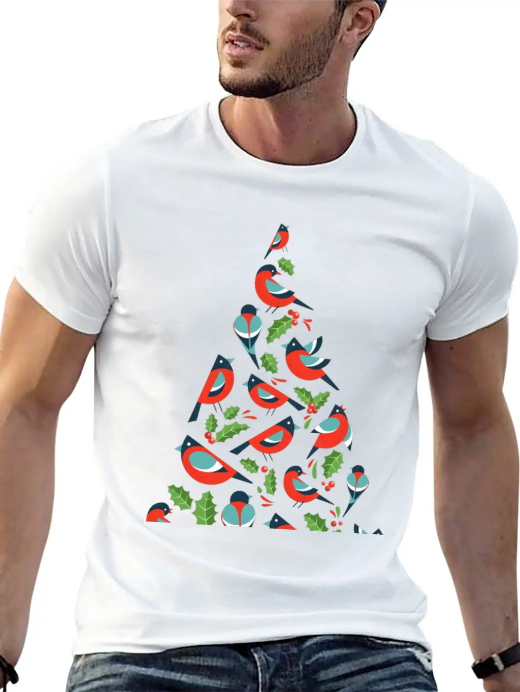 Birds Make Christmas Tree With Holy Leaf Casual Graphic T-Shirt – Simple And Comfortable Daily Wear