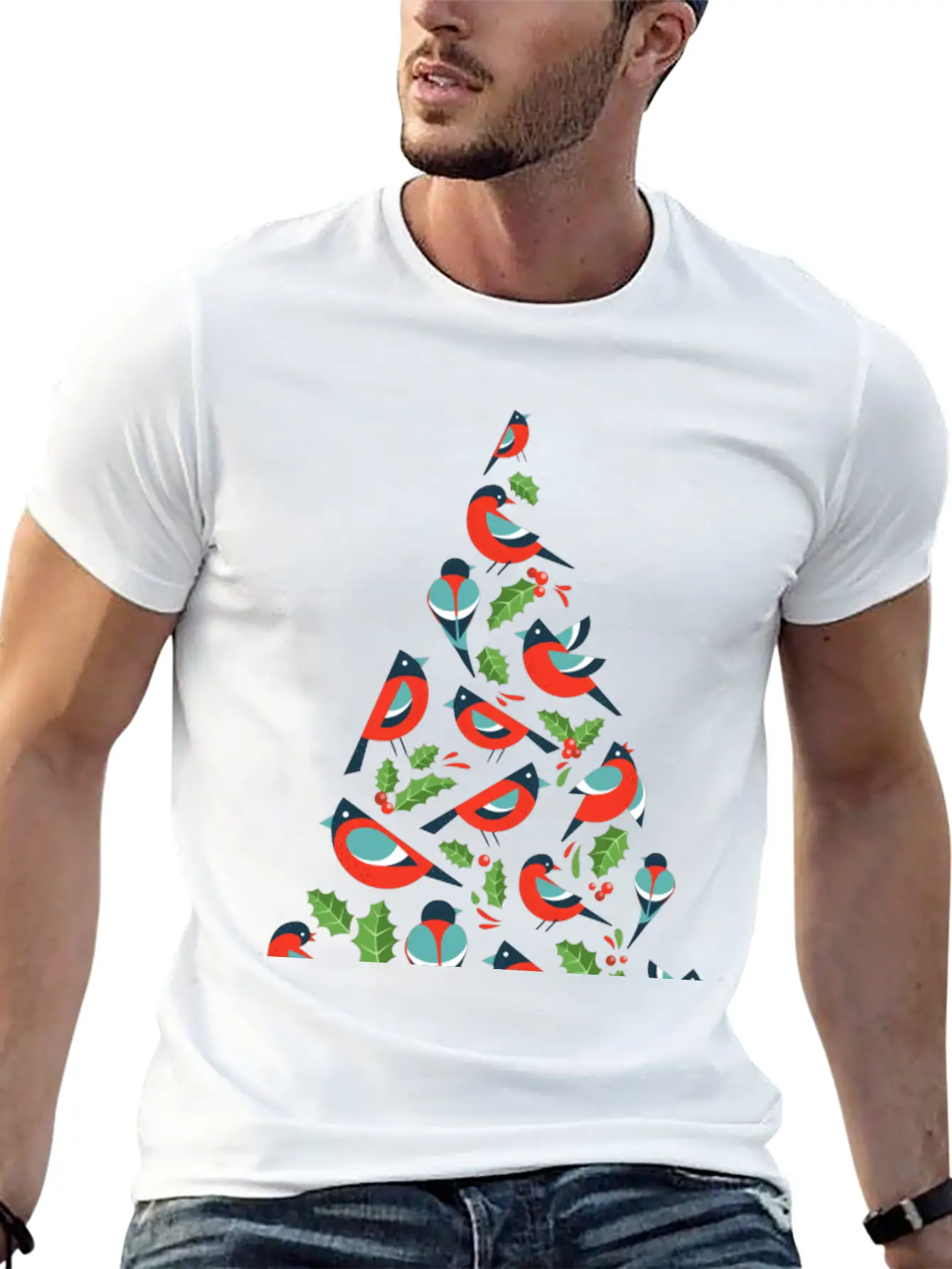 Birds Make Christmas Tree With Holy Leaf Casual Graphic T-Shirt – Simple And Comfortable Daily Wear