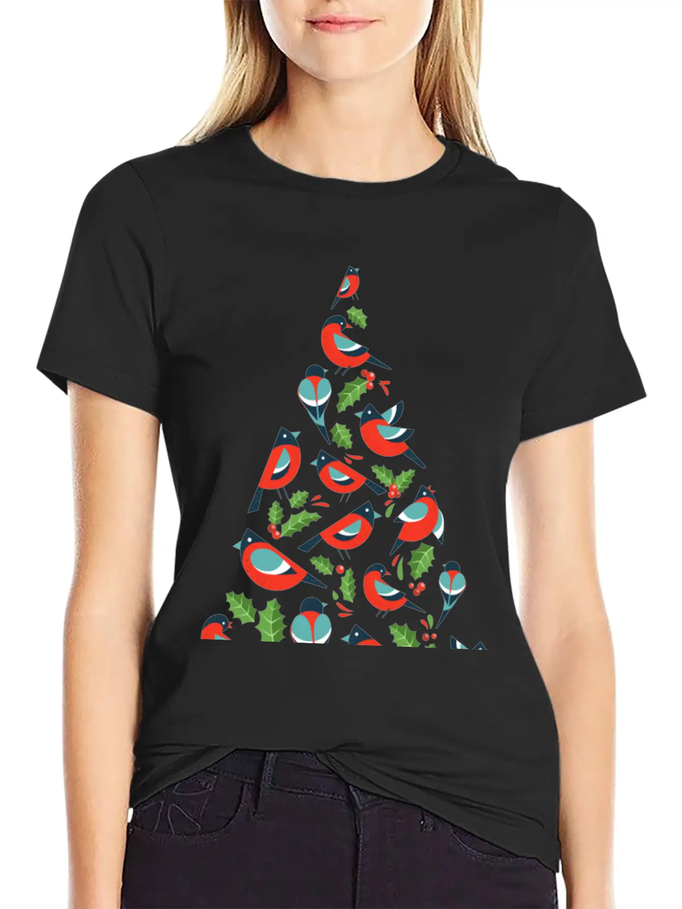 Birds Make Christmas Tree With Holy Leaf Casual Graphic T-Shirt – Simple And Comfortable Daily Wear