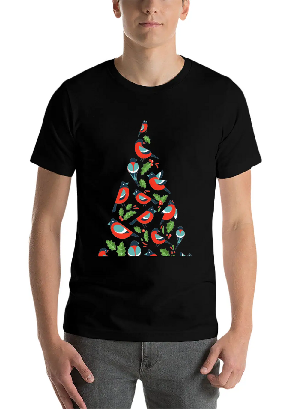 Birds Make Christmas Tree With Holy Leaf Casual Graphic T-Shirt – Simple And Comfortable Daily Wear