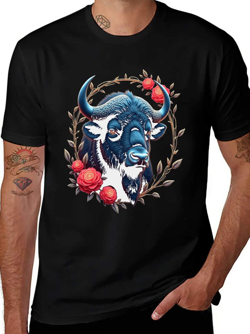 Bison Flowers Art | Geometric Animal Design Classic Fit Graphic Tee For Daily Comfort – Unisex Cotton Shirt