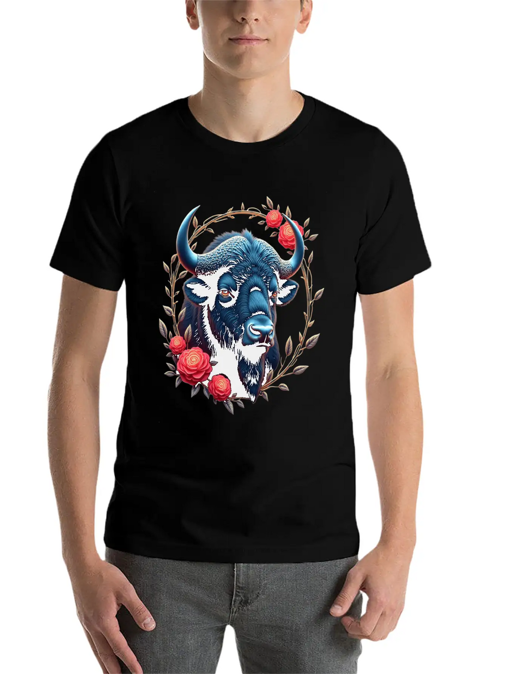 Bison Flowers Art | Geometric Animal Design Classic Fit Graphic Tee For Daily Comfort – Unisex Cotton Shirt
