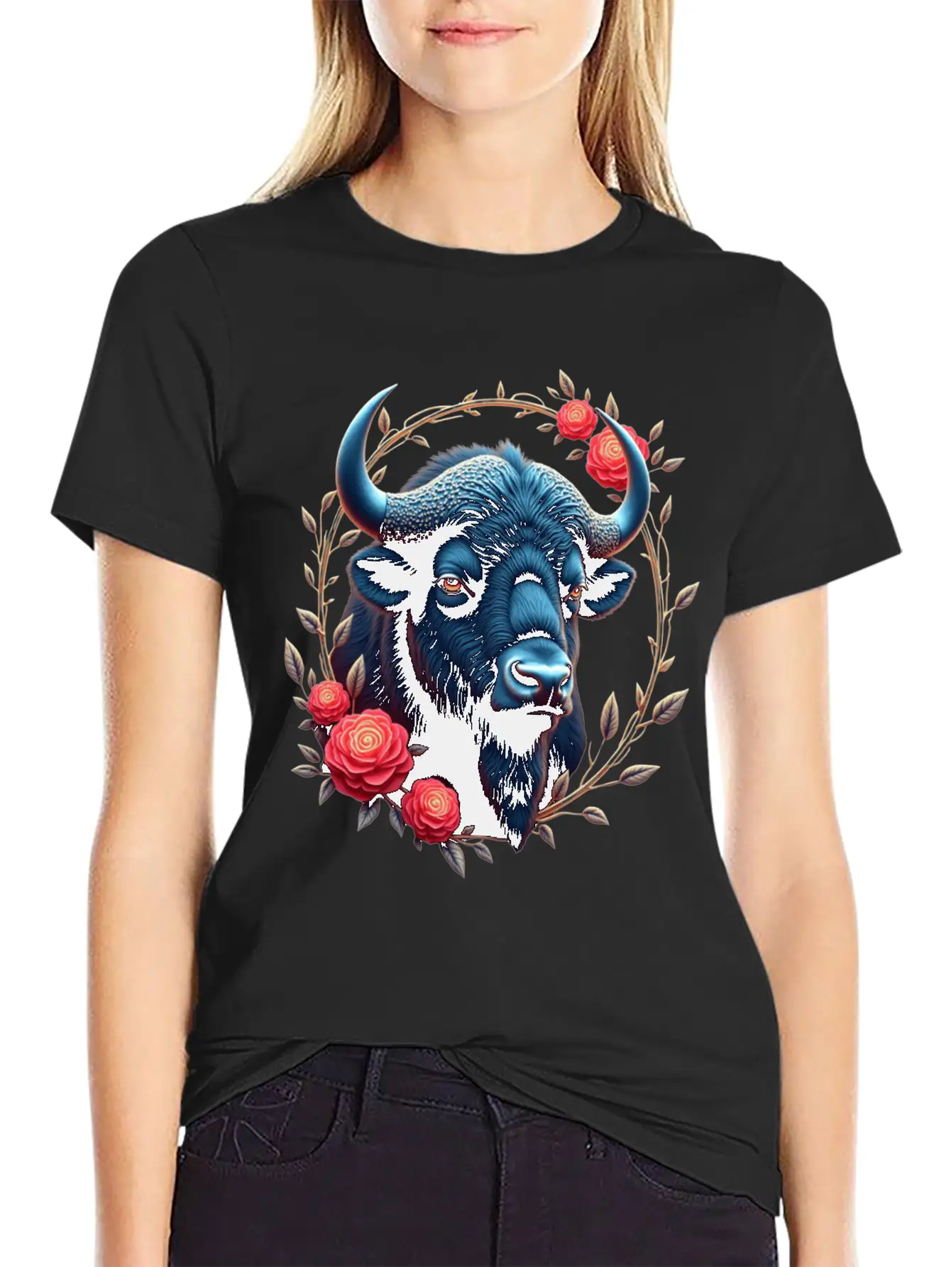 Bison Flowers Art | Geometric Animal Design Classic Fit Graphic Tee For Daily Comfort – Unisex Cotton Shirt