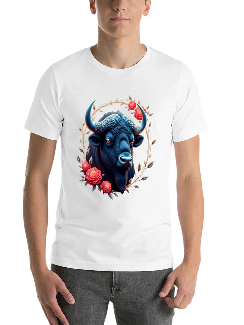 Bison Flowers Art | Geometric Animal Design Classic Fit Graphic Tee For Daily Comfort – Unisex Cotton Shirt