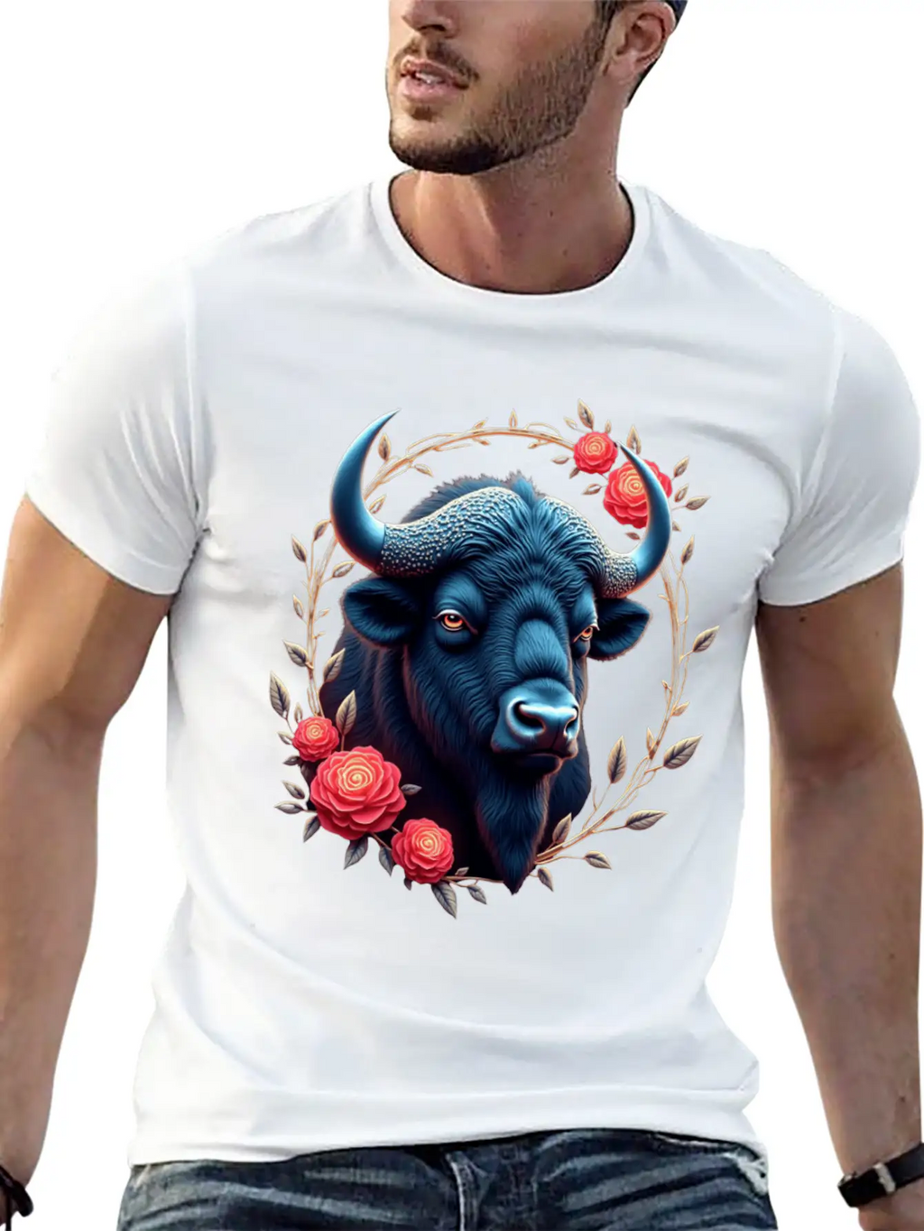 Bison Flowers Art | Geometric Animal Design Classic Fit Graphic Tee For Daily Comfort – Unisex Cotton Shirt