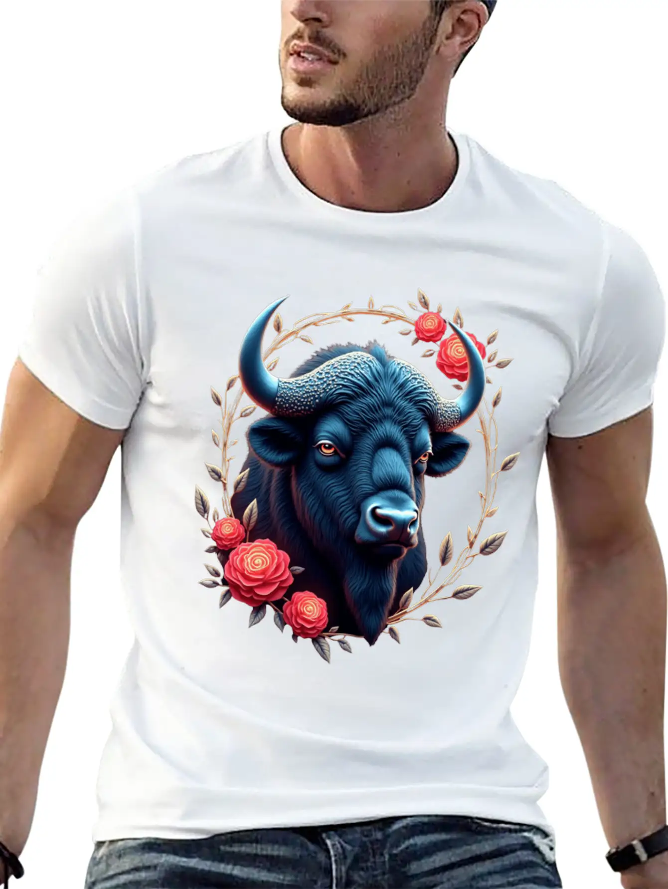 Bison Flowers Art | Geometric Animal Design Classic Fit Graphic Tee For Daily Comfort – Unisex Cotton Shirt