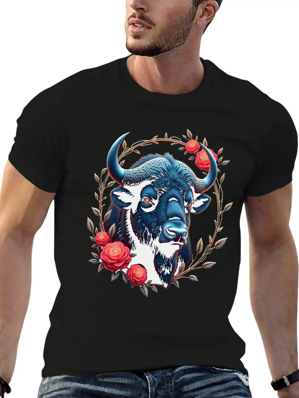 Bison Flowers Art | Geometric Animal Design Classic Fit Graphic Tee For Daily Comfort – Unisex Cotton Shirt