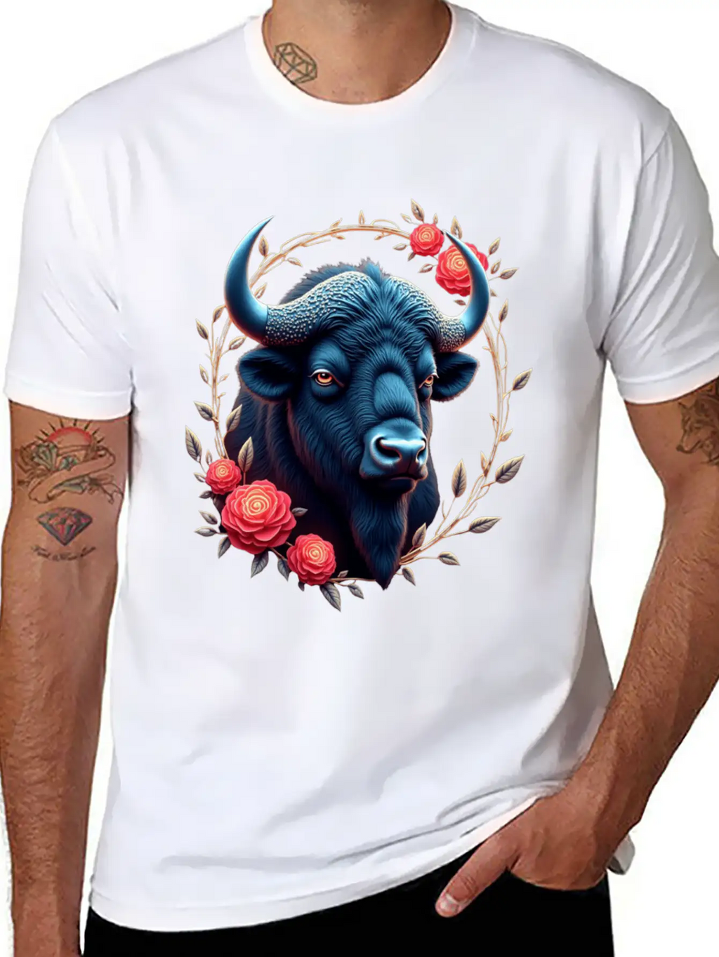 Bison Flowers Art | Geometric Animal Design Classic Fit Graphic Tee For Daily Comfort – Unisex Cotton Shirt