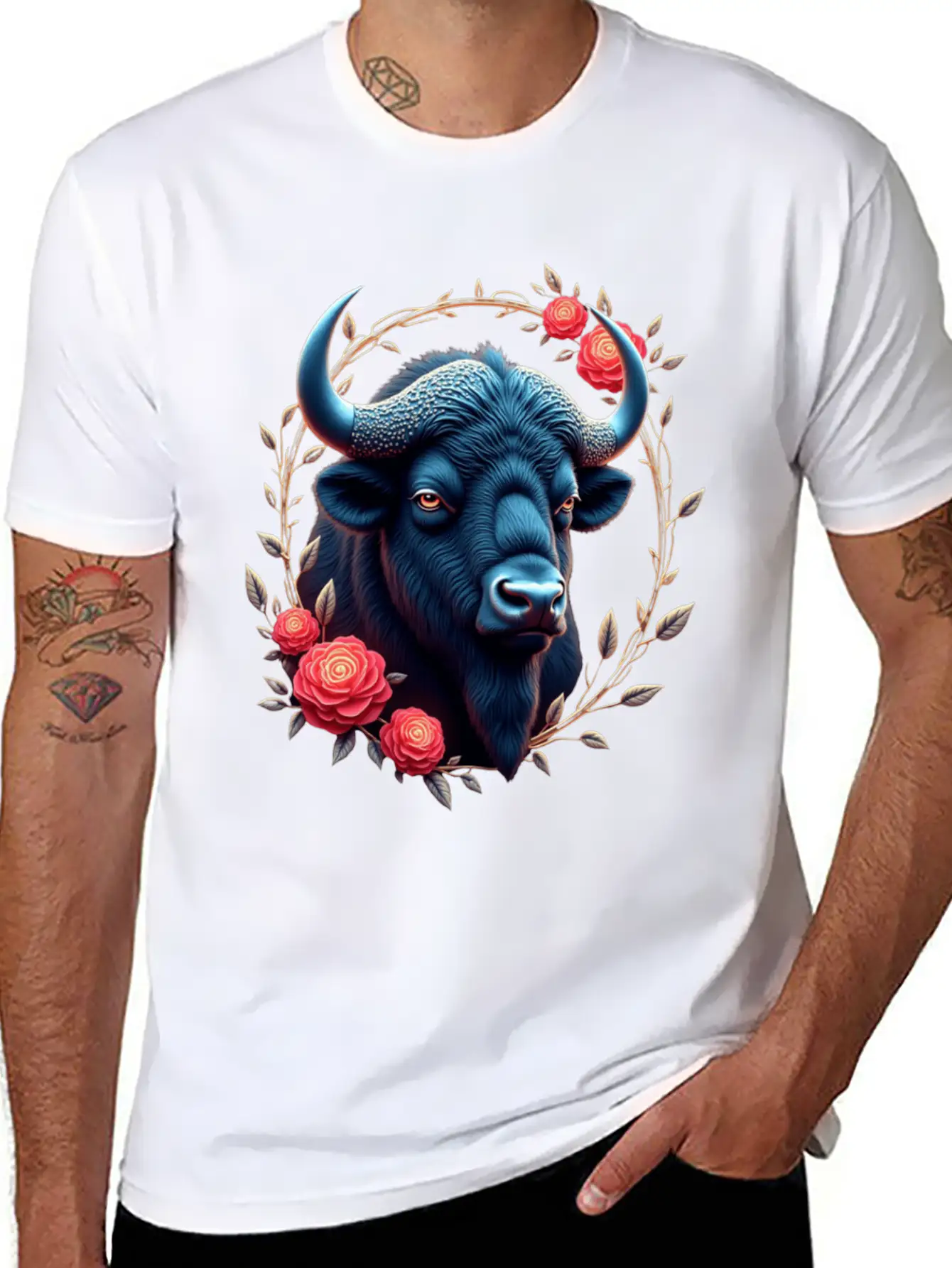 Bison Flowers Art | Geometric Animal Design Classic Fit Graphic Tee For Daily Comfort – Unisex Cotton Shirt