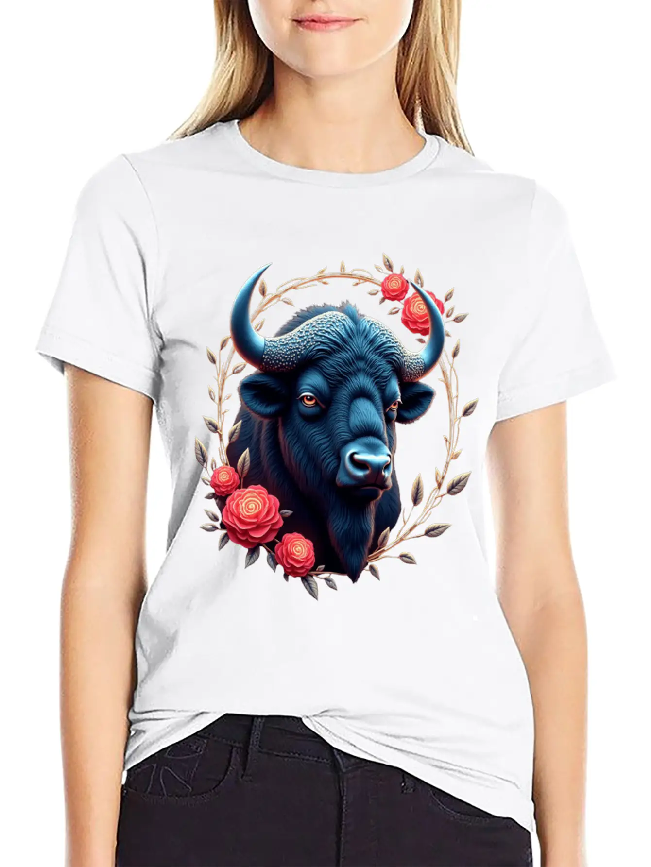 Bison Flowers Art | Geometric Animal Design Classic Fit Graphic Tee For Daily Comfort – Unisex Cotton Shirt
