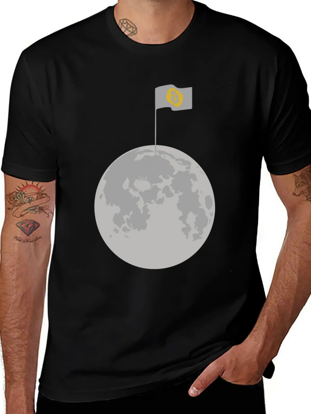 Bitcoin Flag On Moon Funny Blockchain Crypto Lover Stylish Everyday T-Shirt – Unisex Basic Cotton Tee
