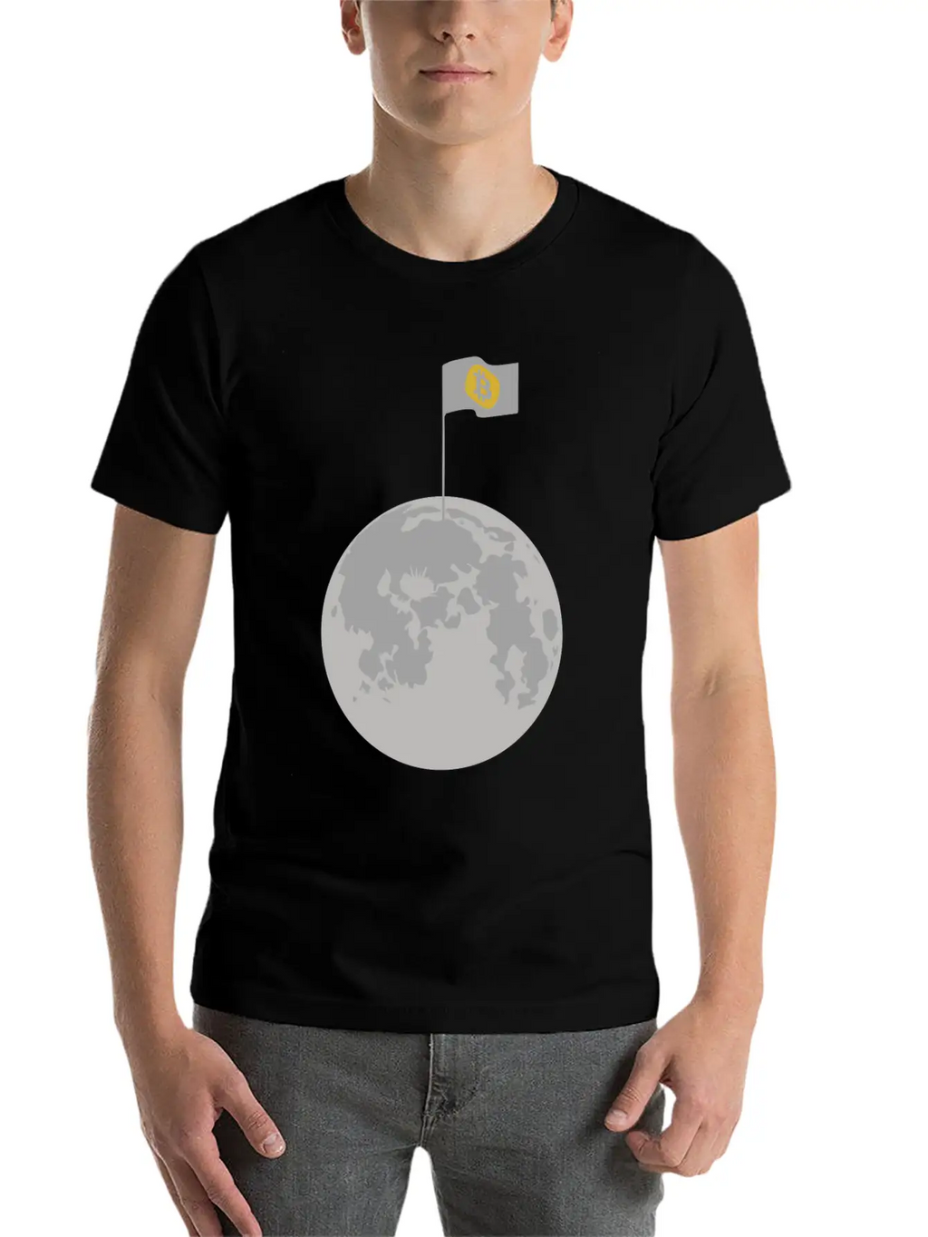 Bitcoin Flag On Moon Funny Blockchain Crypto Lover Stylish Everyday T-Shirt – Unisex Basic Cotton Tee
