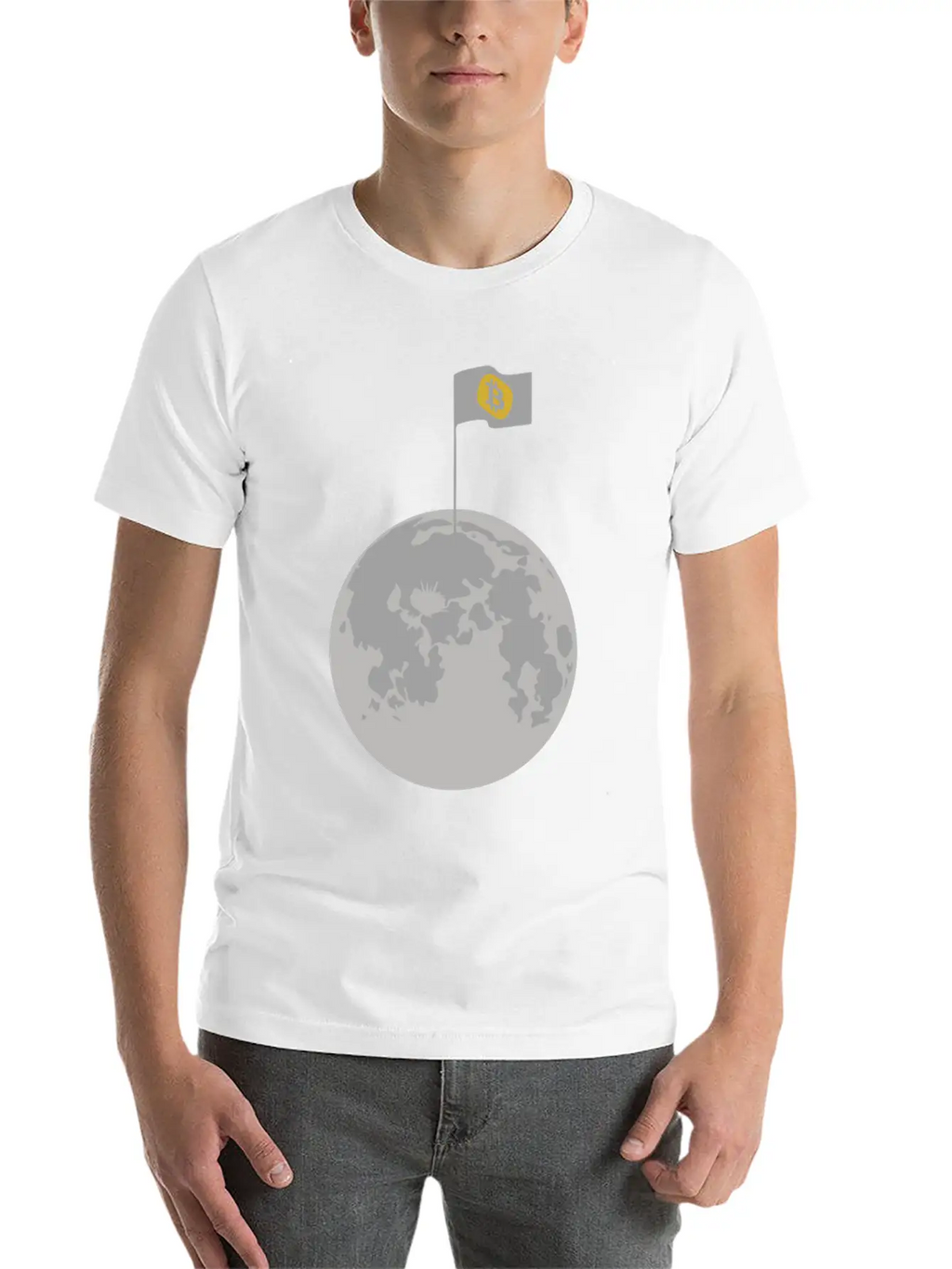 Bitcoin Flag On Moon Funny Blockchain Crypto Lover Stylish Everyday T-Shirt – Unisex Basic Cotton Tee