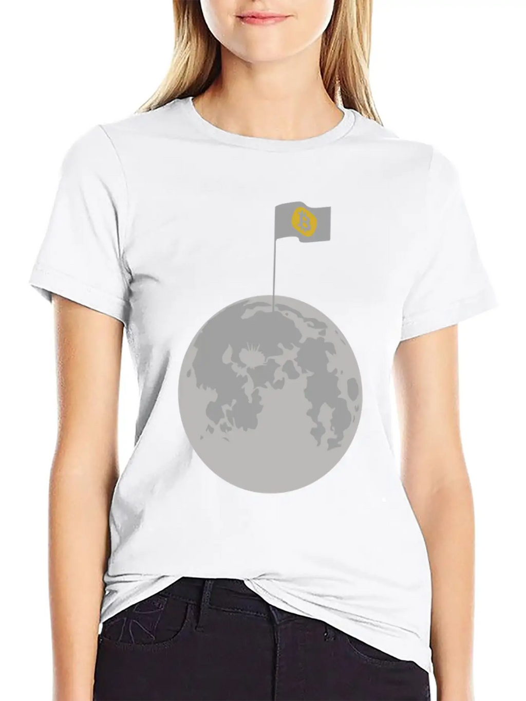 Bitcoin Flag On Moon Funny Blockchain Crypto Lover Stylish Everyday T-Shirt – Unisex Basic Cotton Tee