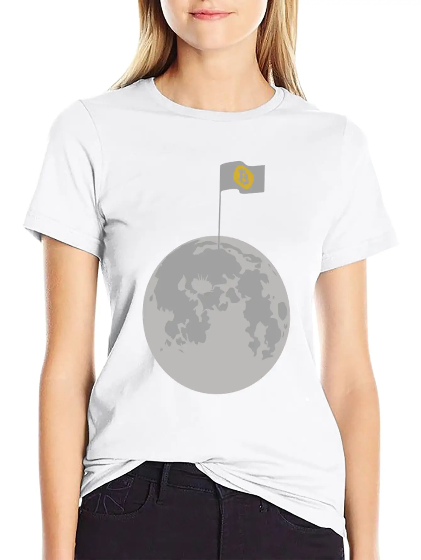 Bitcoin Flag On Moon Funny Blockchain Crypto Lover Stylish Everyday T-Shirt – Unisex Basic Cotton Tee