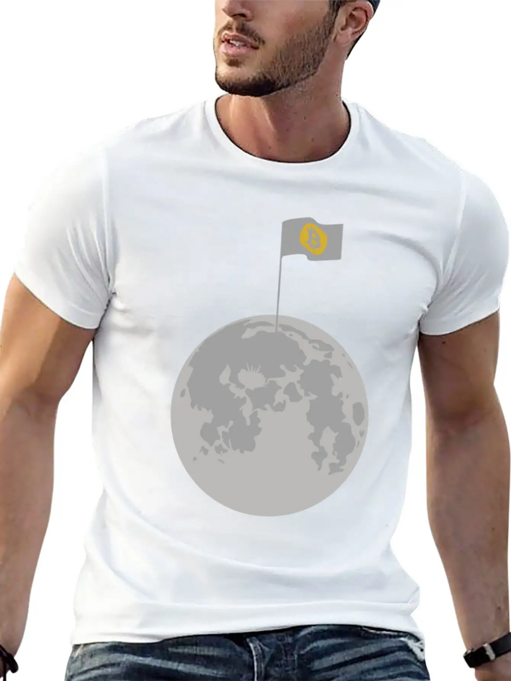 Bitcoin Flag On Moon Funny Blockchain Crypto Lover Stylish Everyday T-Shirt – Unisex Basic Cotton Tee