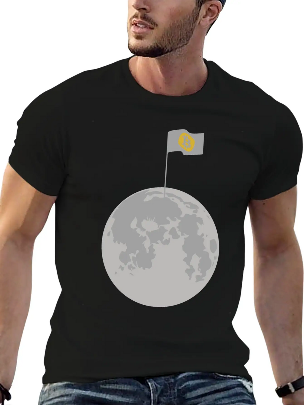 Bitcoin Flag On Moon Funny Blockchain Crypto Lover Stylish Everyday T-Shirt – Unisex Basic Cotton Tee