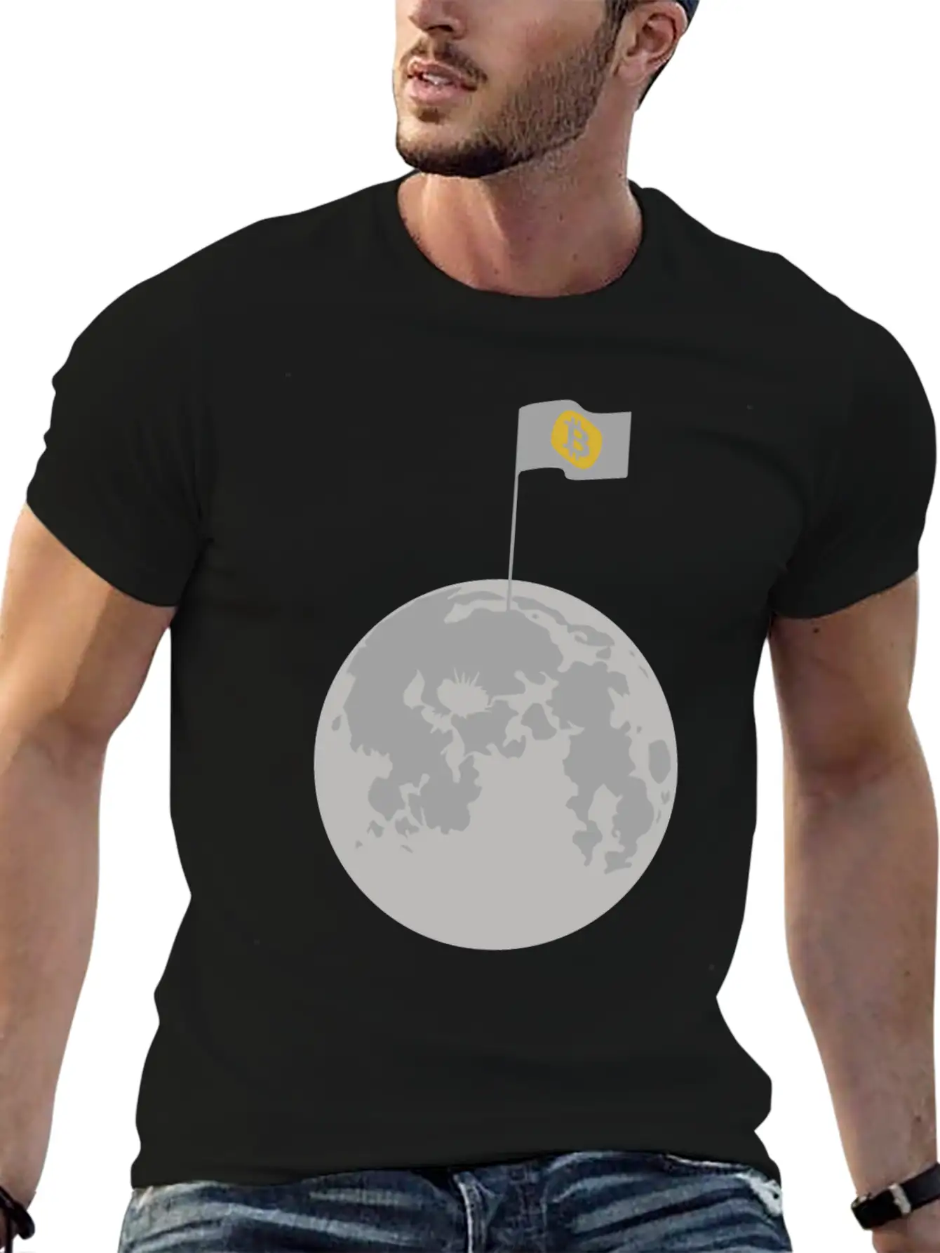 Bitcoin Flag On Moon Funny Blockchain Crypto Lover Stylish Everyday T-Shirt – Unisex Basic Cotton Tee