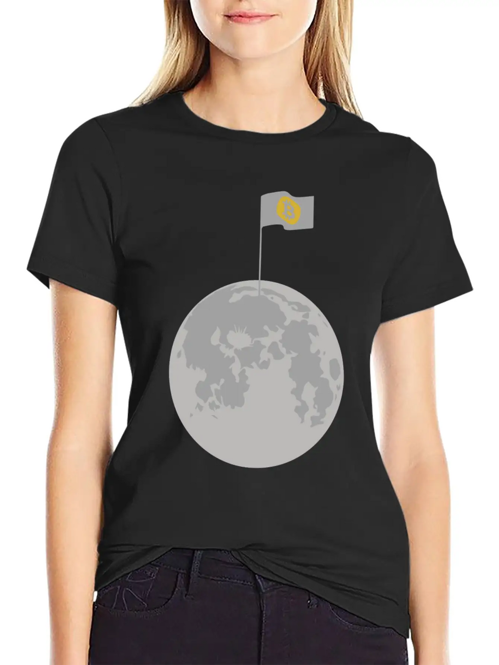 Bitcoin Flag On Moon Funny Blockchain Crypto Lover Stylish Everyday T-Shirt – Unisex Basic Cotton Tee