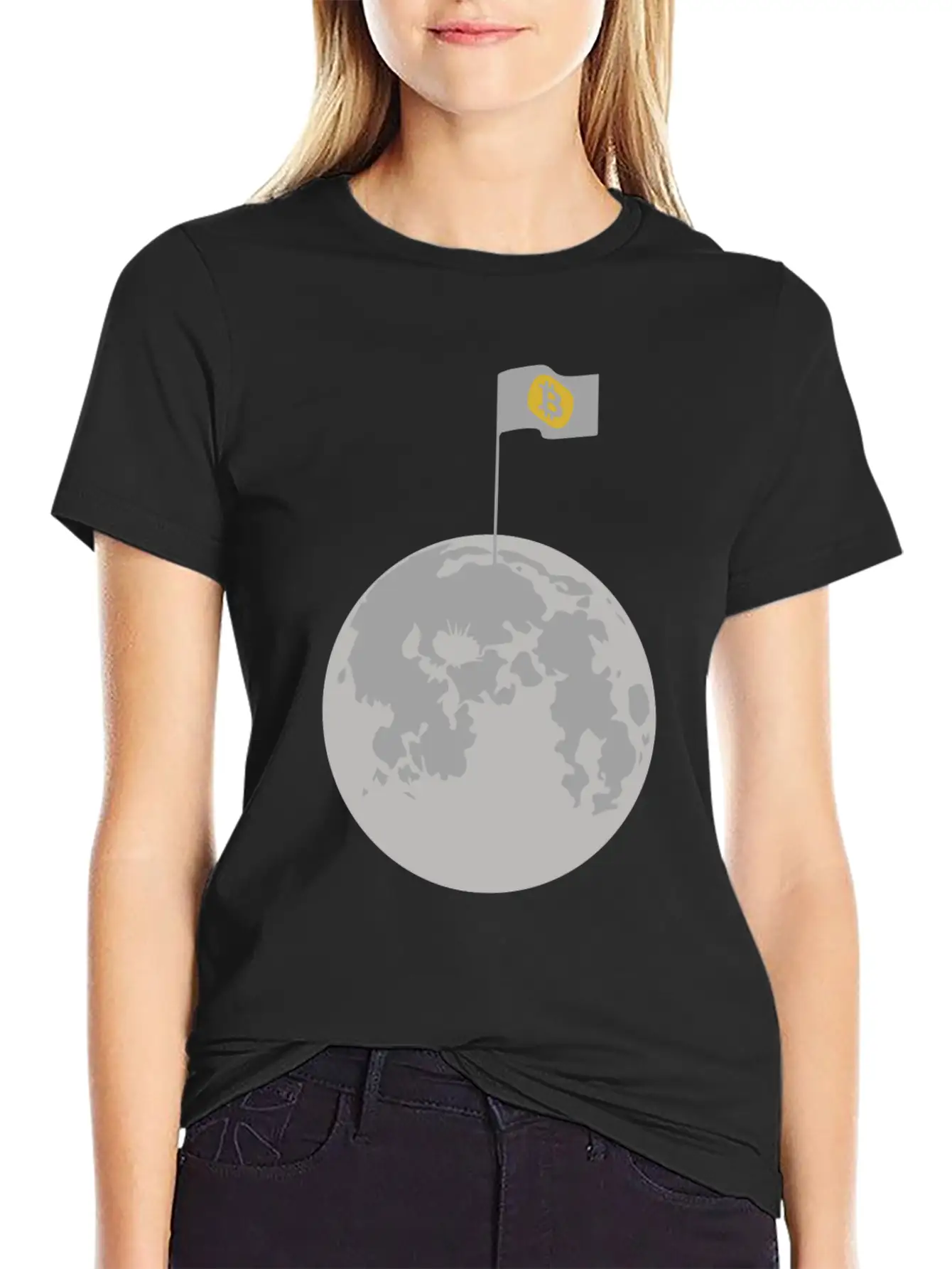Bitcoin Flag On Moon Funny Blockchain Crypto Lover Stylish Everyday T-Shirt – Unisex Basic Cotton Tee