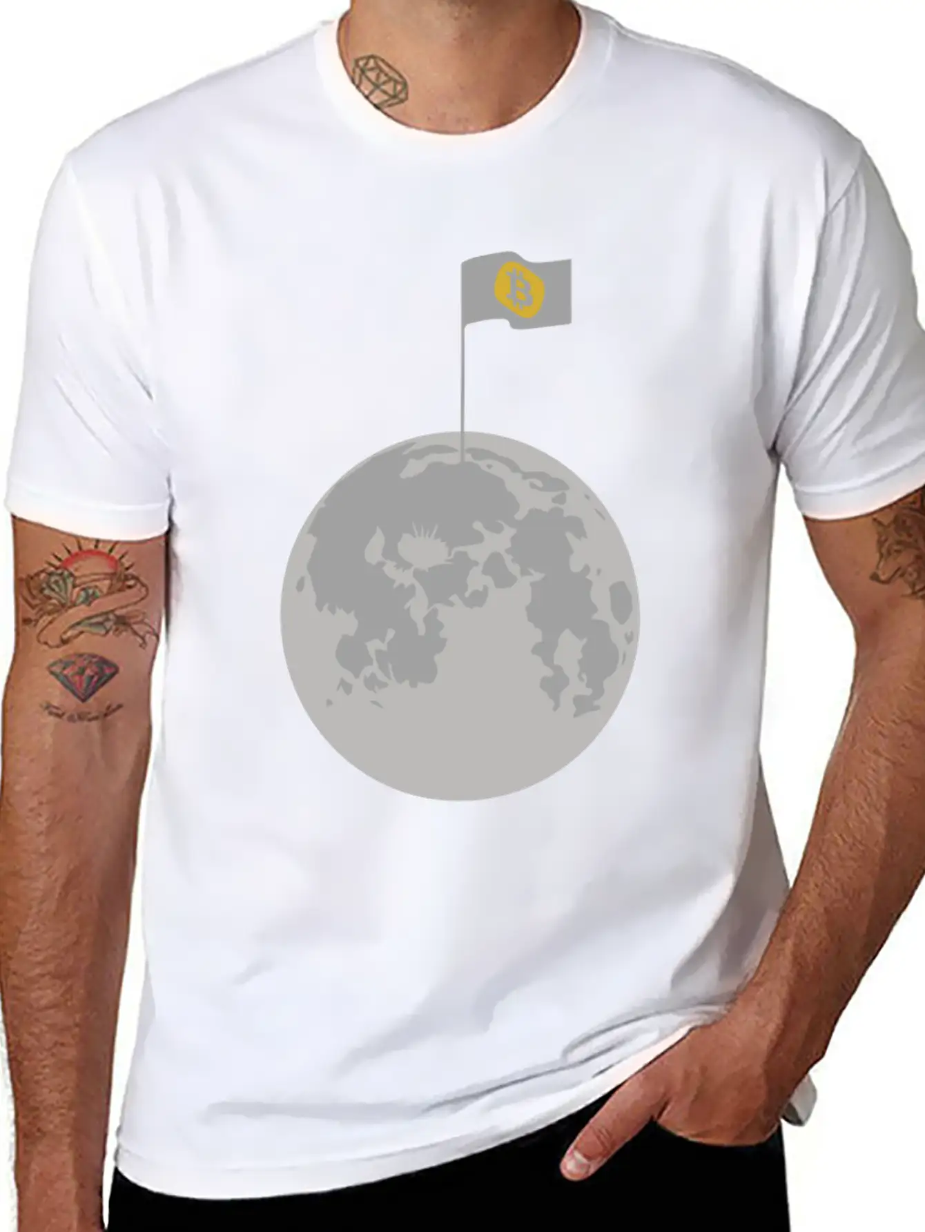 Bitcoin Flag On Moon Funny Blockchain Crypto Lover Stylish Everyday T-Shirt – Unisex Basic Cotton Tee