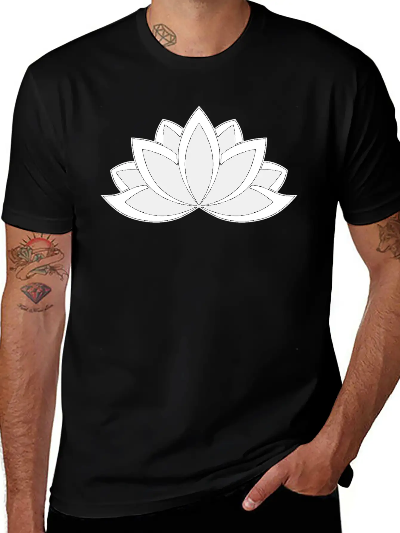 Black And White Buddhist Symbol Lotus Flower Breathable Soft Cotton T-Shirt – Timeless Casual Look
