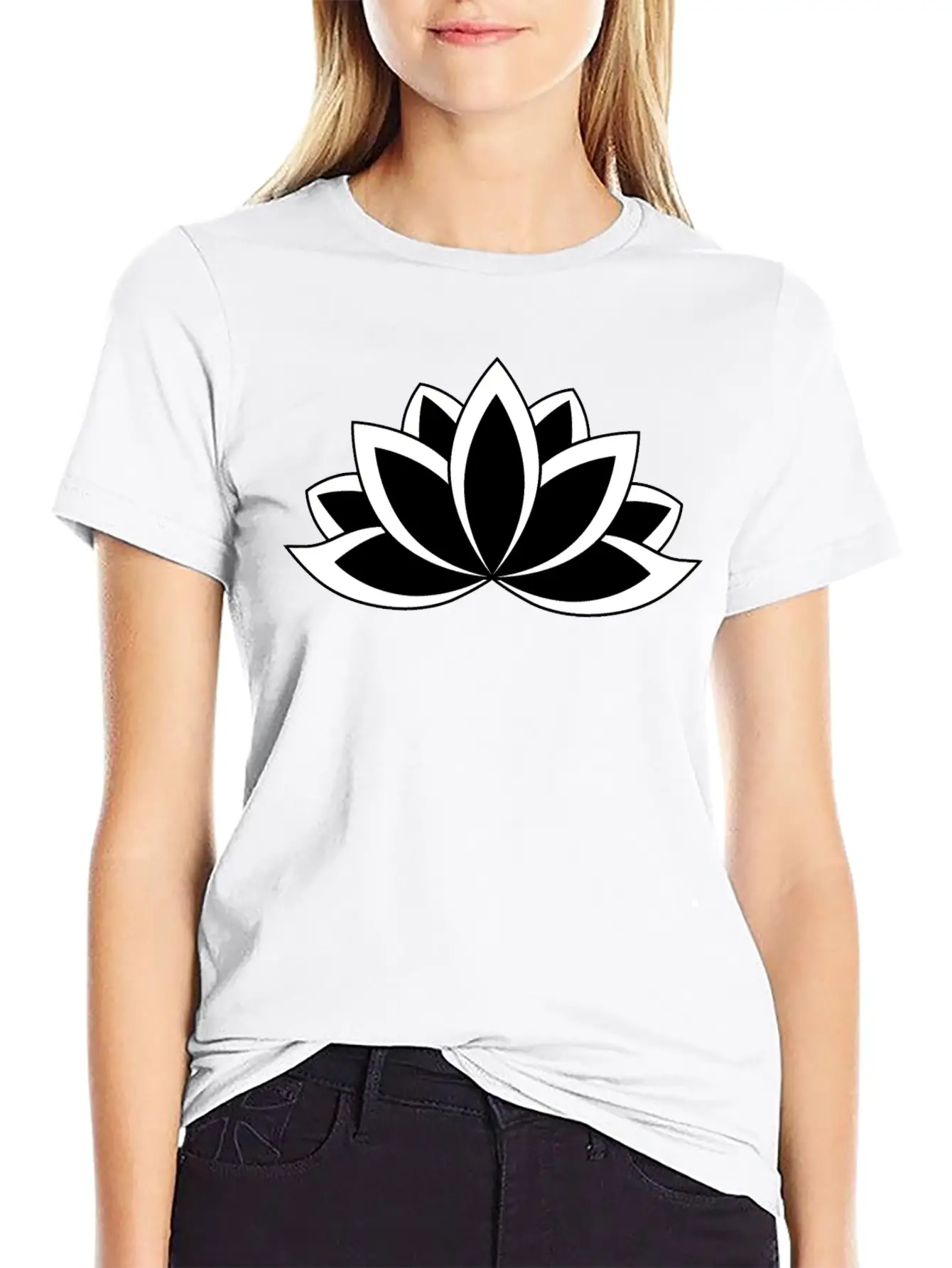 Black And White Buddhist Symbol Lotus Flower Breathable Soft Cotton T-Shirt – Timeless Casual Look