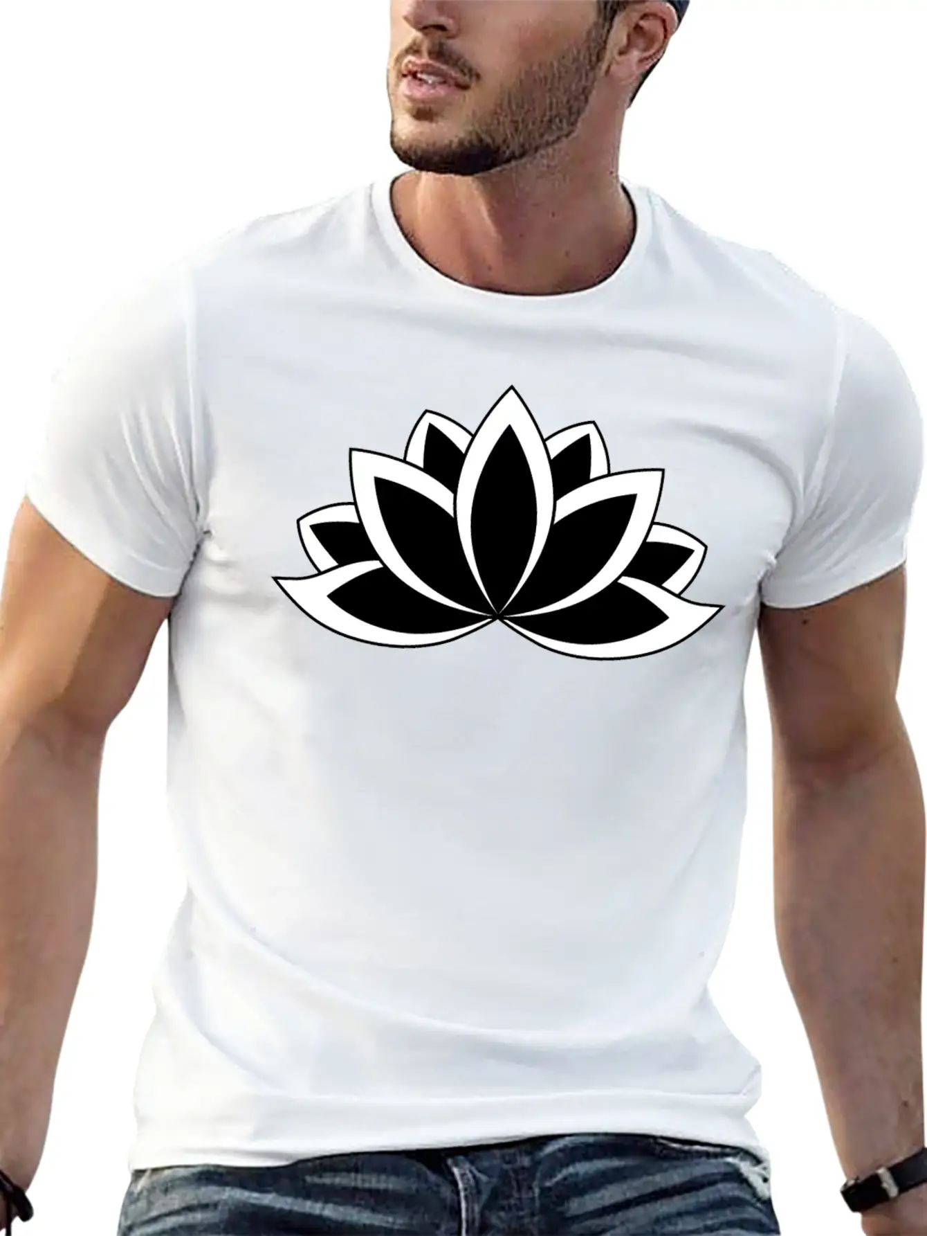 Black And White Buddhist Symbol Lotus Flower Breathable Soft Cotton T-Shirt – Timeless Casual Look