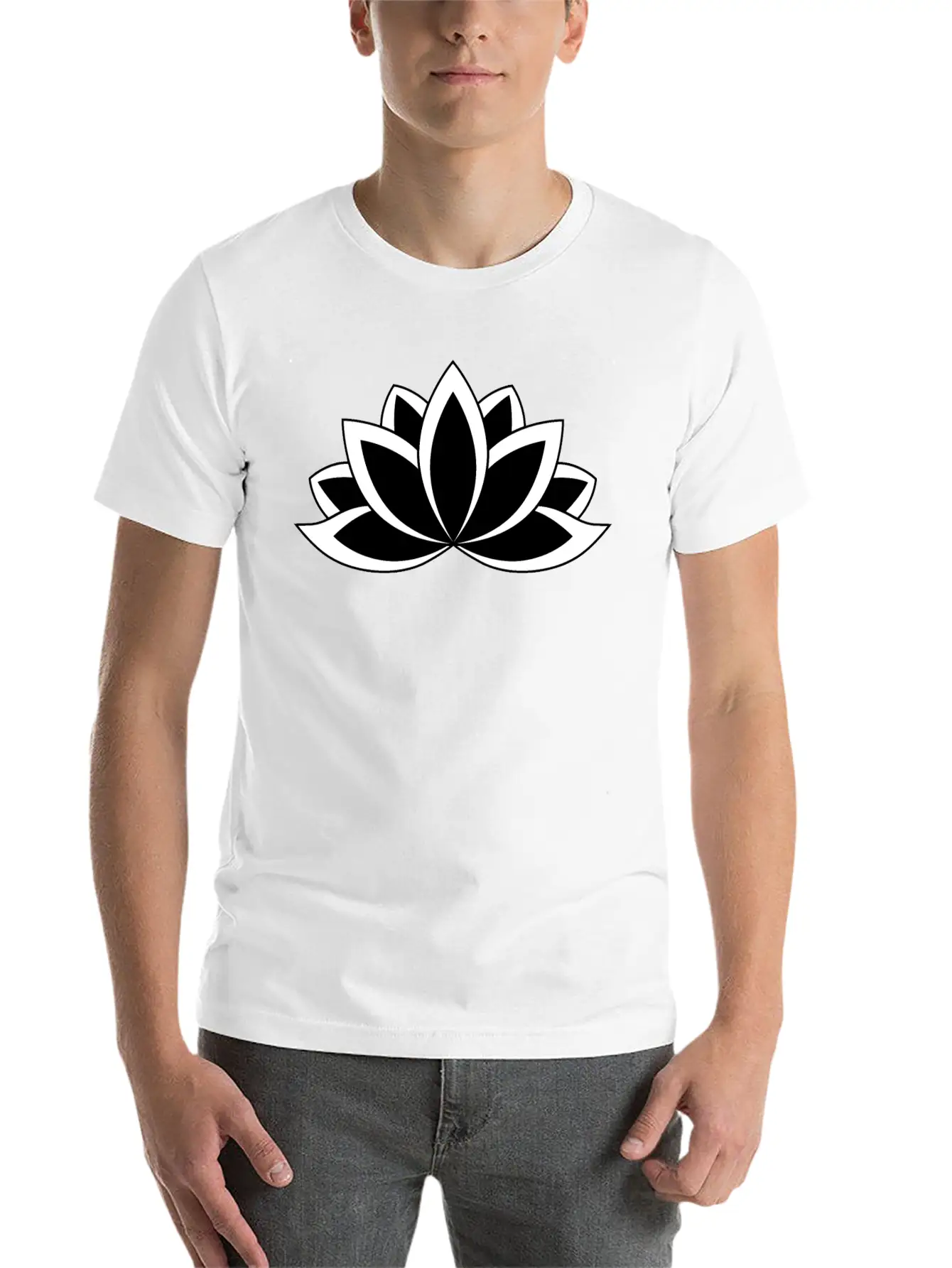 Black And White Buddhist Symbol Lotus Flower Breathable Soft Cotton T-Shirt – Timeless Casual Look