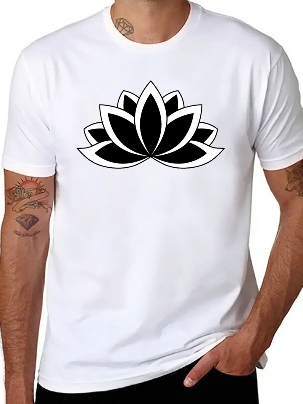 Black And White Buddhist Symbol Lotus Flower Breathable Soft Cotton T-Shirt – Timeless Casual Look