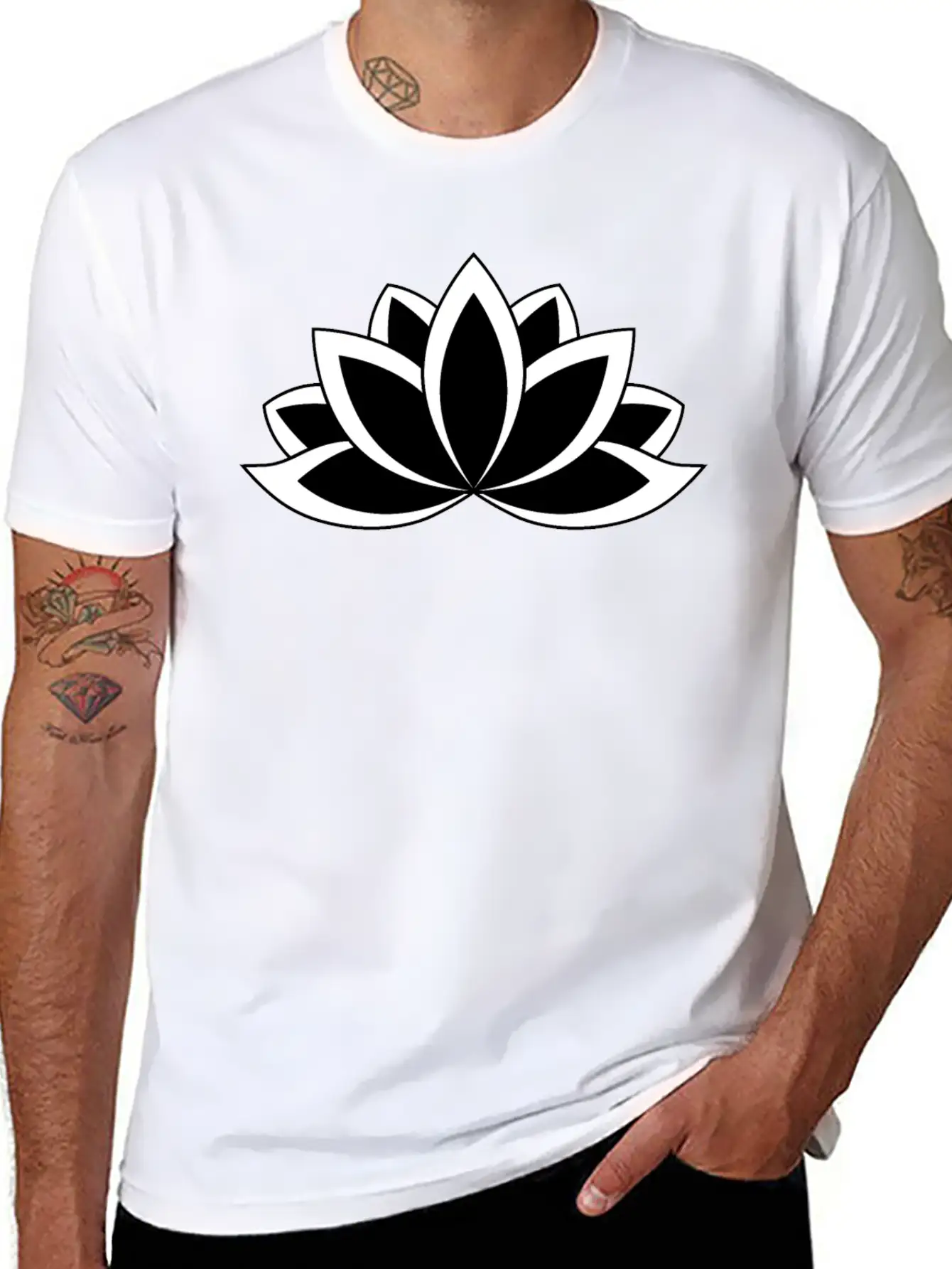 Black And White Buddhist Symbol Lotus Flower Breathable Soft Cotton T-Shirt – Timeless Casual Look