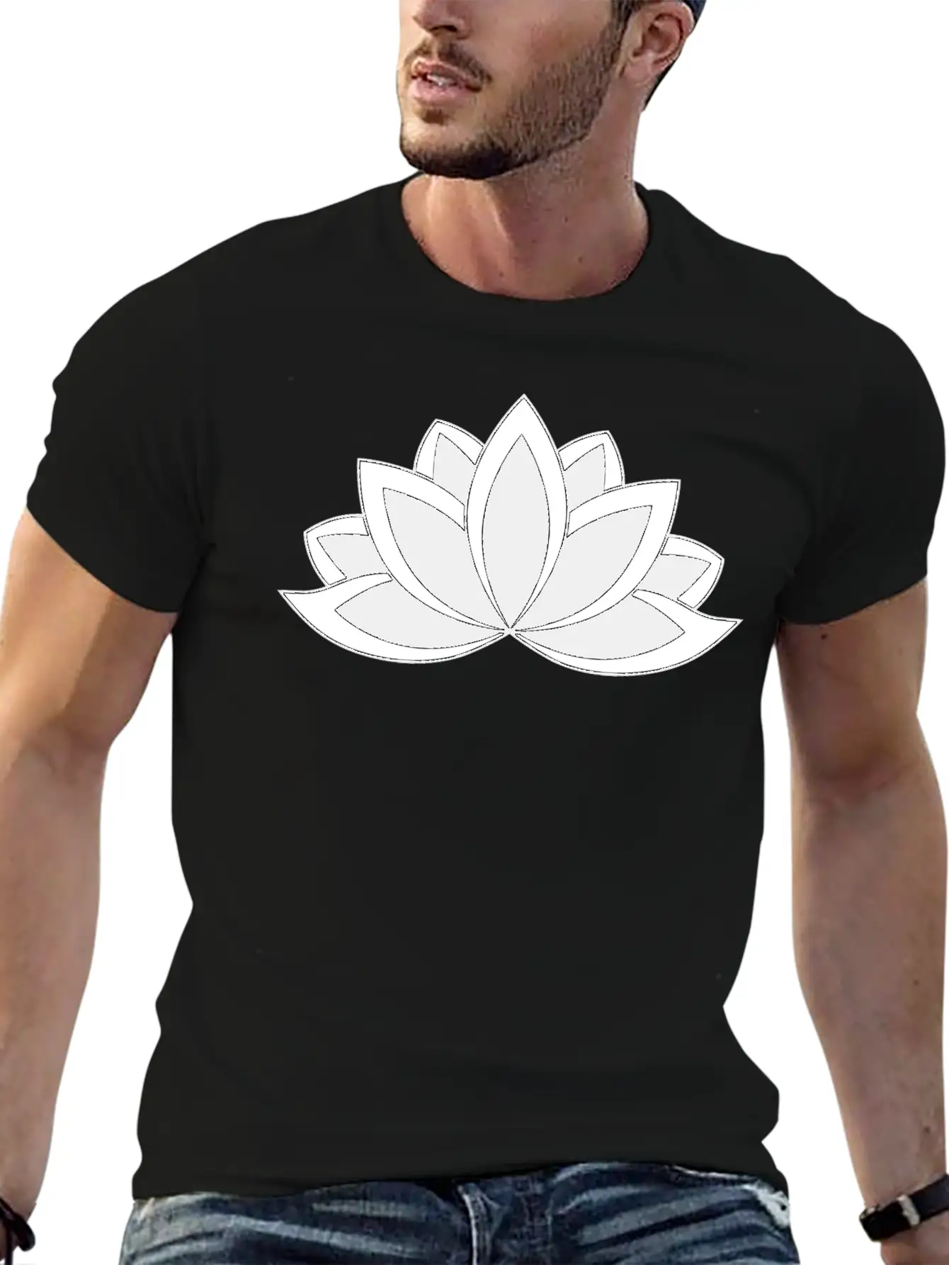 Black And White Buddhist Symbol Lotus Flower Breathable Soft Cotton T-Shirt – Timeless Casual Look